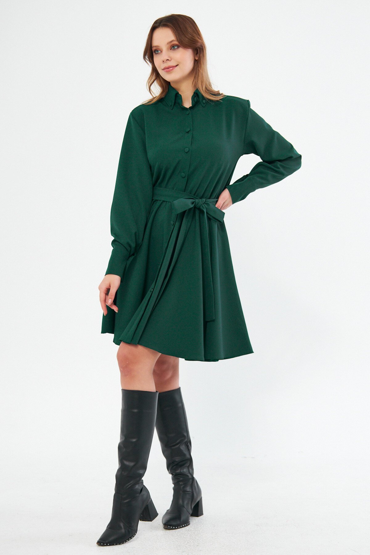 Mini Long-Sleeve Woven Elastic-Waist Belted Shirt Dress - Emerald - Bidoluelbise