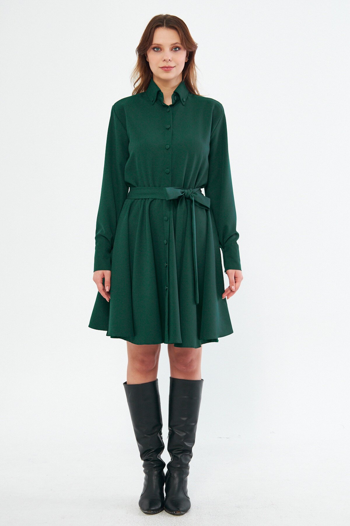 Mini Long-Sleeve Woven Elastic-Waist Belted Shirt Dress - Emerald - Bidoluelbise