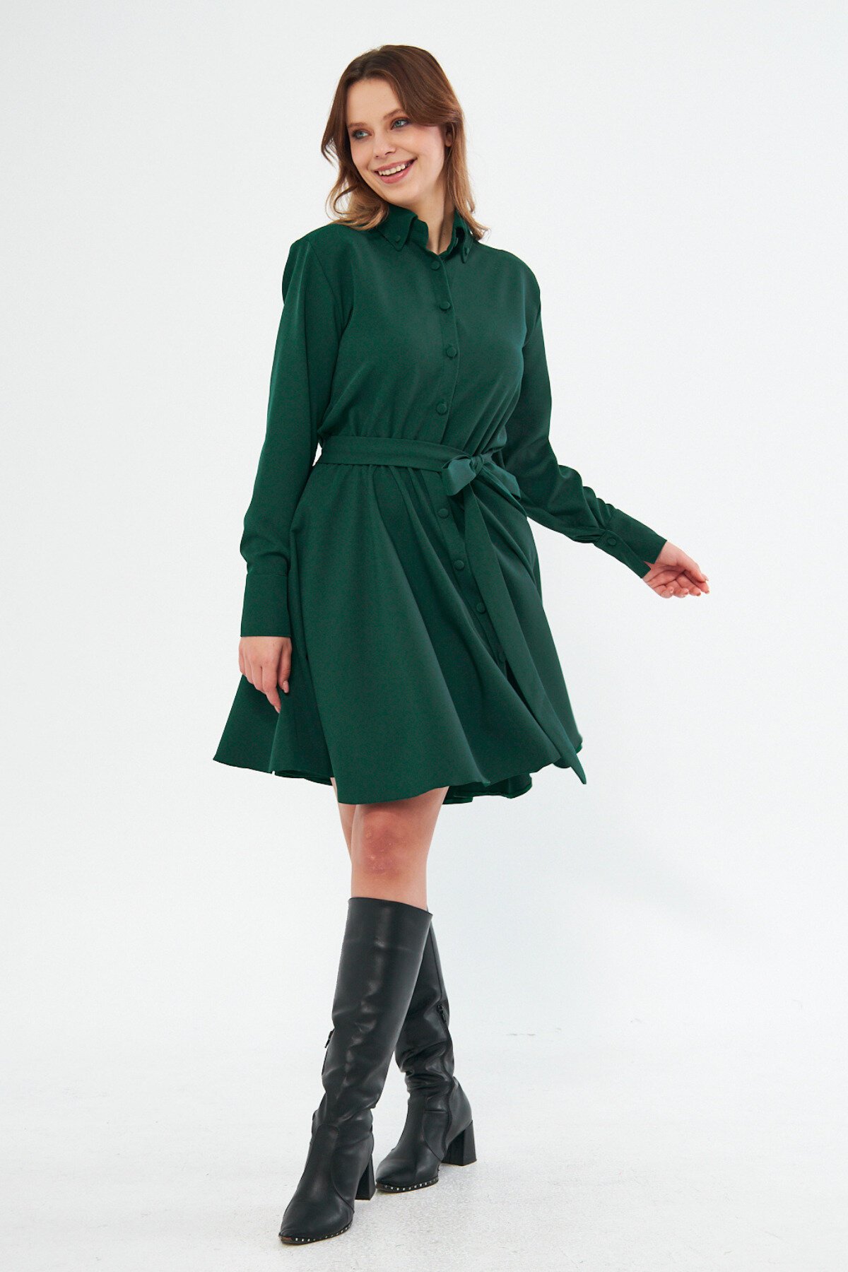 Mini Long-Sleeve Woven Elastic-Waist Belted Shirt Dress - Emerald - Bidoluelbise