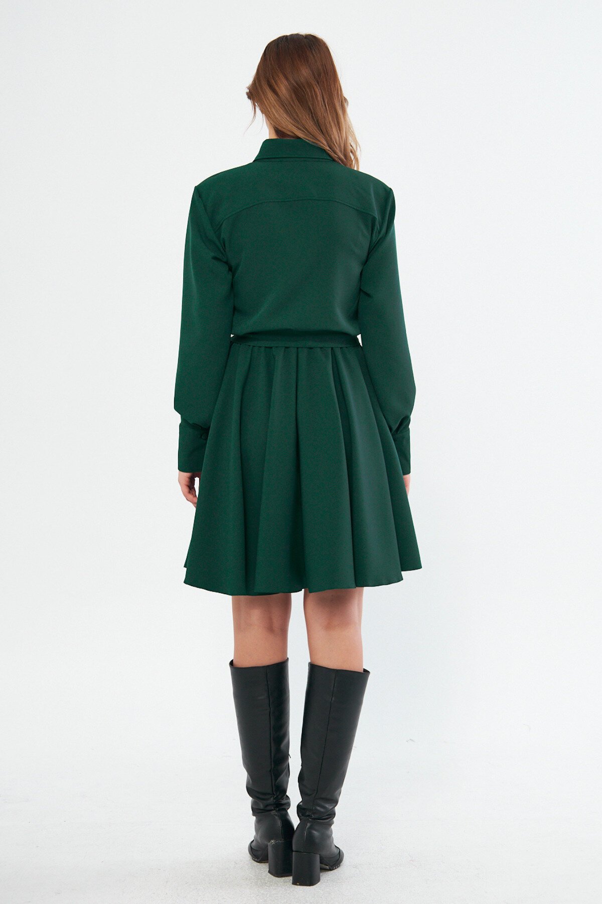 Mini Long-Sleeve Woven Elastic-Waist Belted Shirt Dress - Emerald - Bidoluelbise