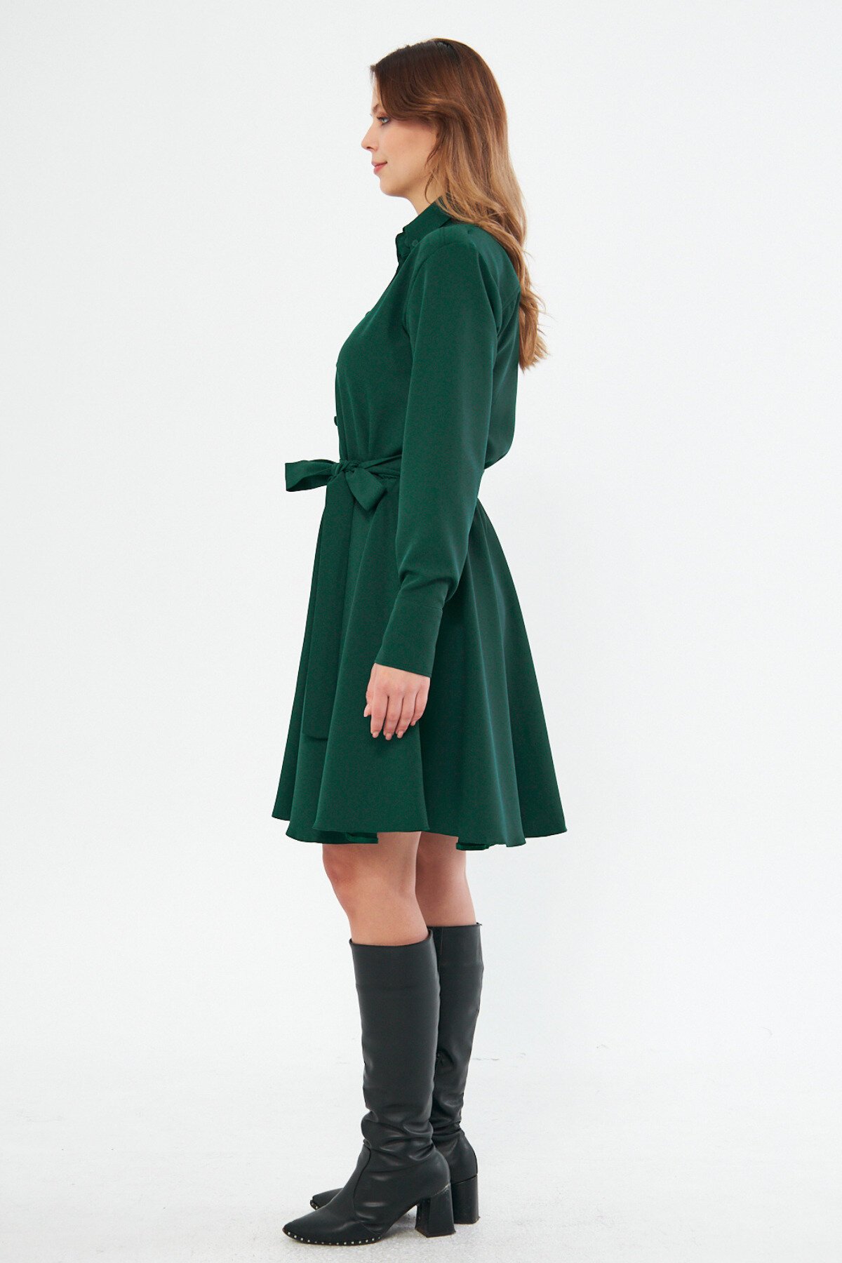 Mini Long-Sleeve Woven Elastic-Waist Belted Shirt Dress - Emerald - Bidoluelbise
