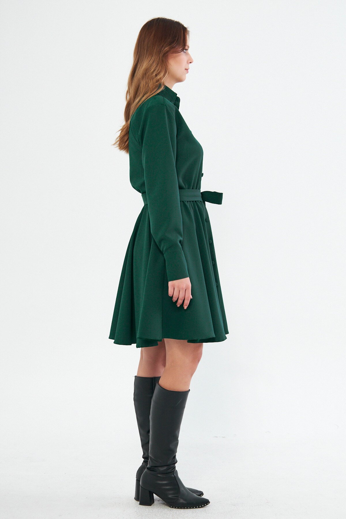 Mini Long-Sleeve Woven Elastic-Waist Belted Shirt Dress - Emerald - Bidoluelbise
