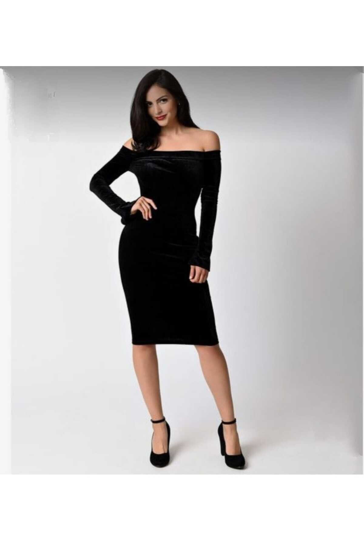 Midi Pencil Velvet Long-Sleeve Dress - Black - Charango