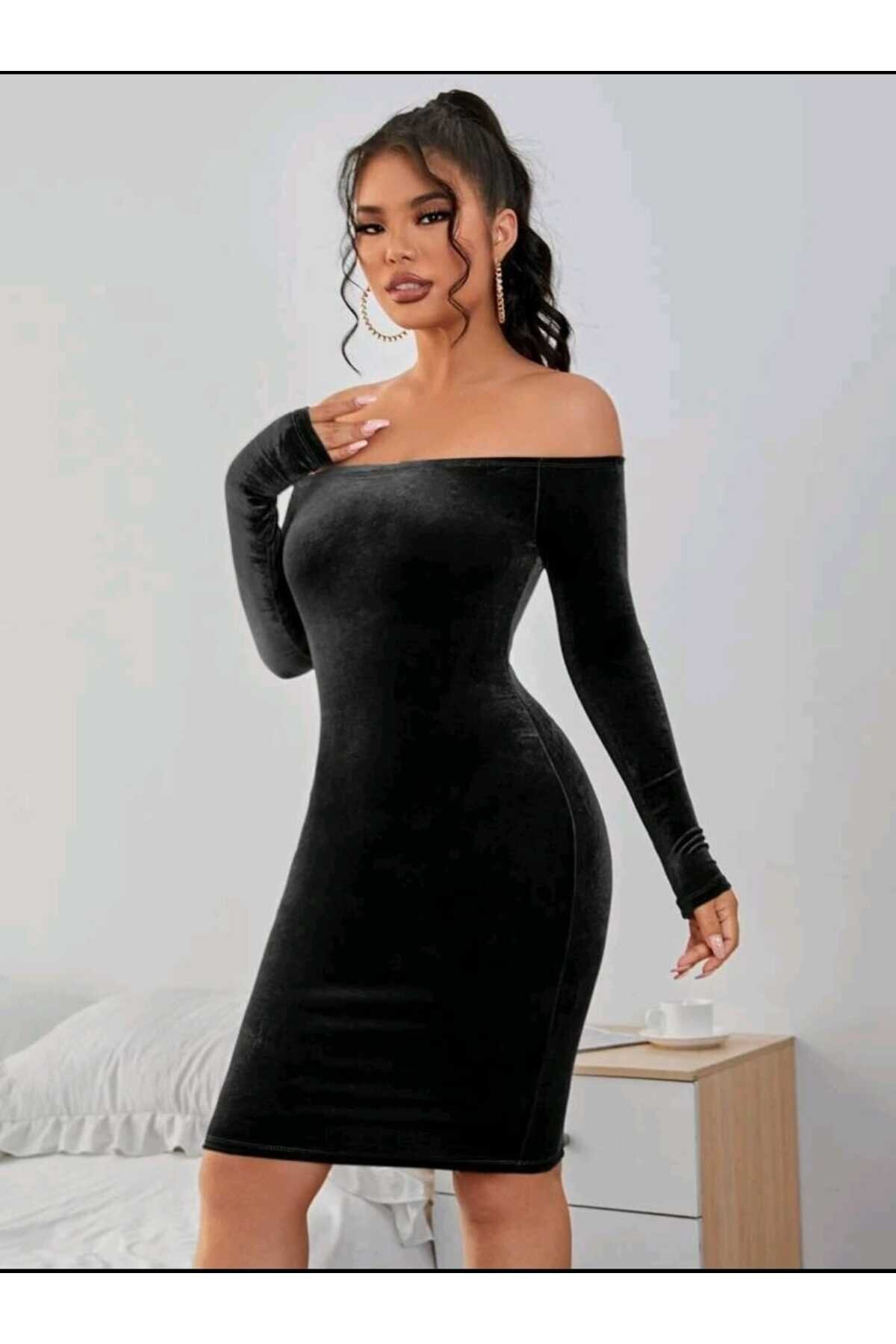 Midi Pencil Velvet Long-Sleeve Dress - Black - Charango