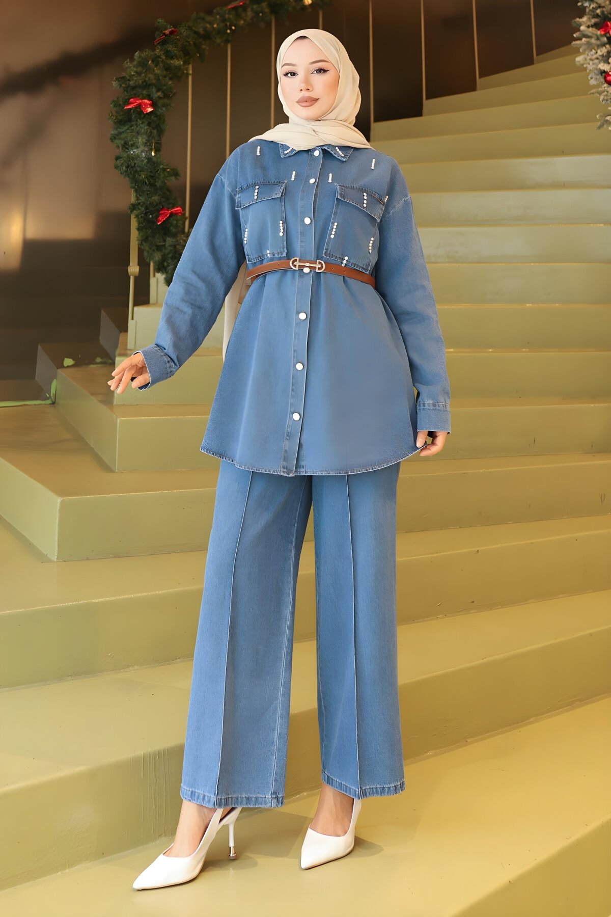 Açık Kot Mavi Taş Detaylı Cepli İkili Takım