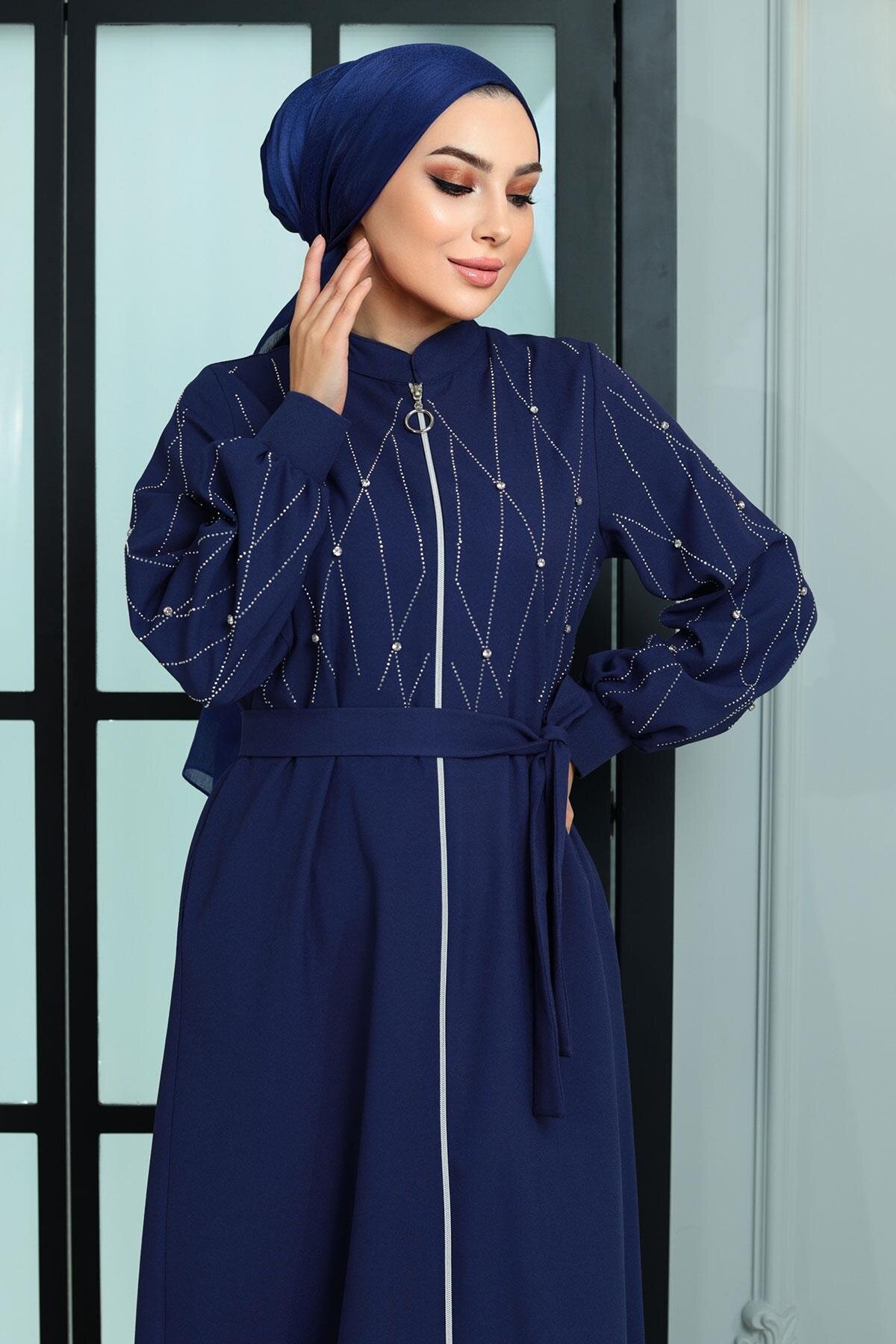 Stone-Detailed Abaya - Indigo - Modamihram