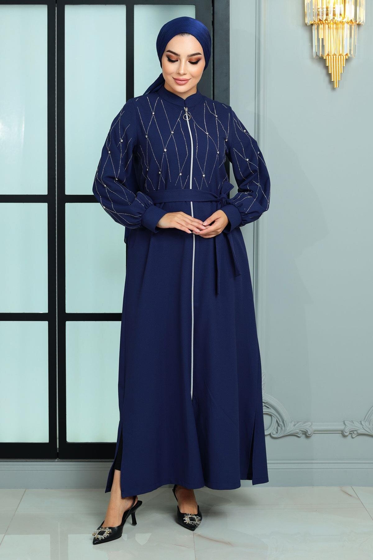 Stone-Detailed Abaya - Indigo - Modamihram