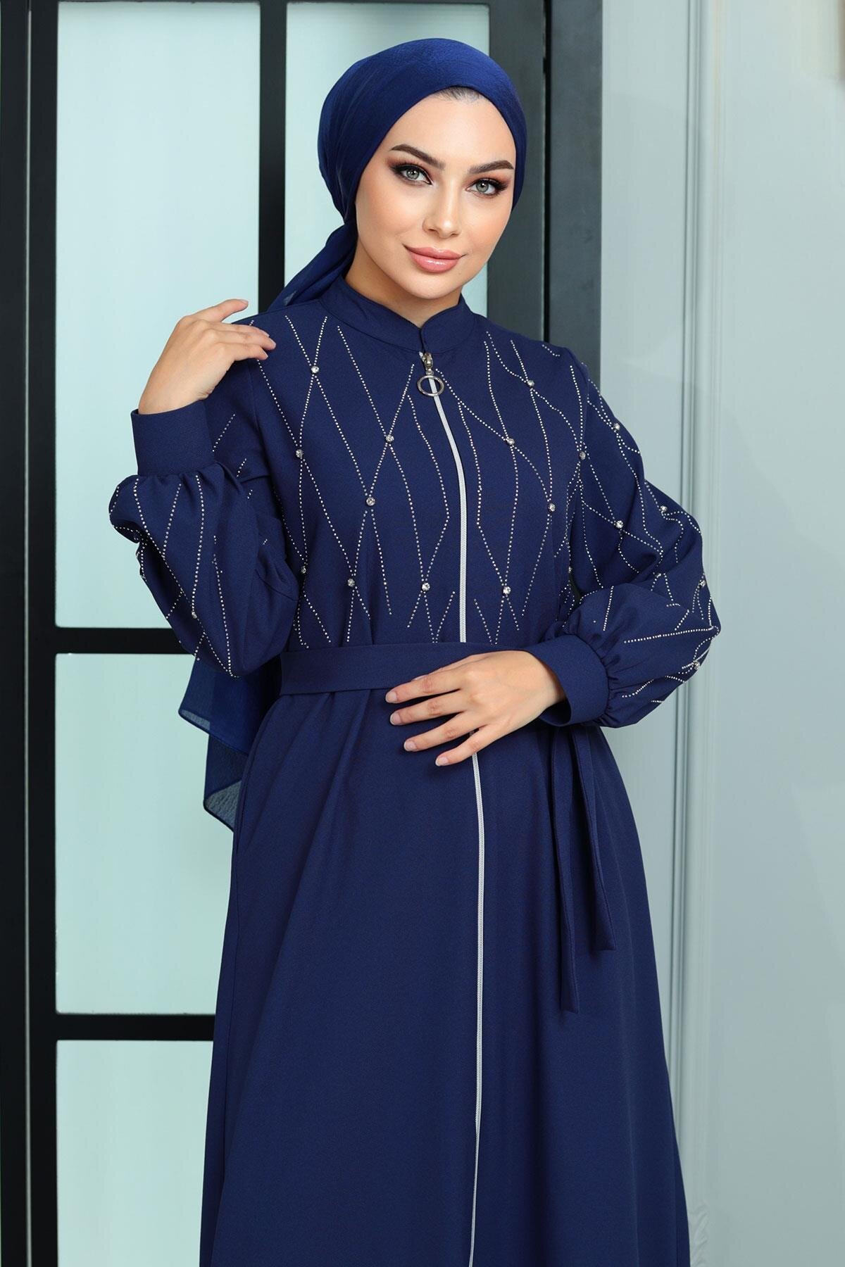 Stone-Detailed Abaya - Indigo - Modamihram