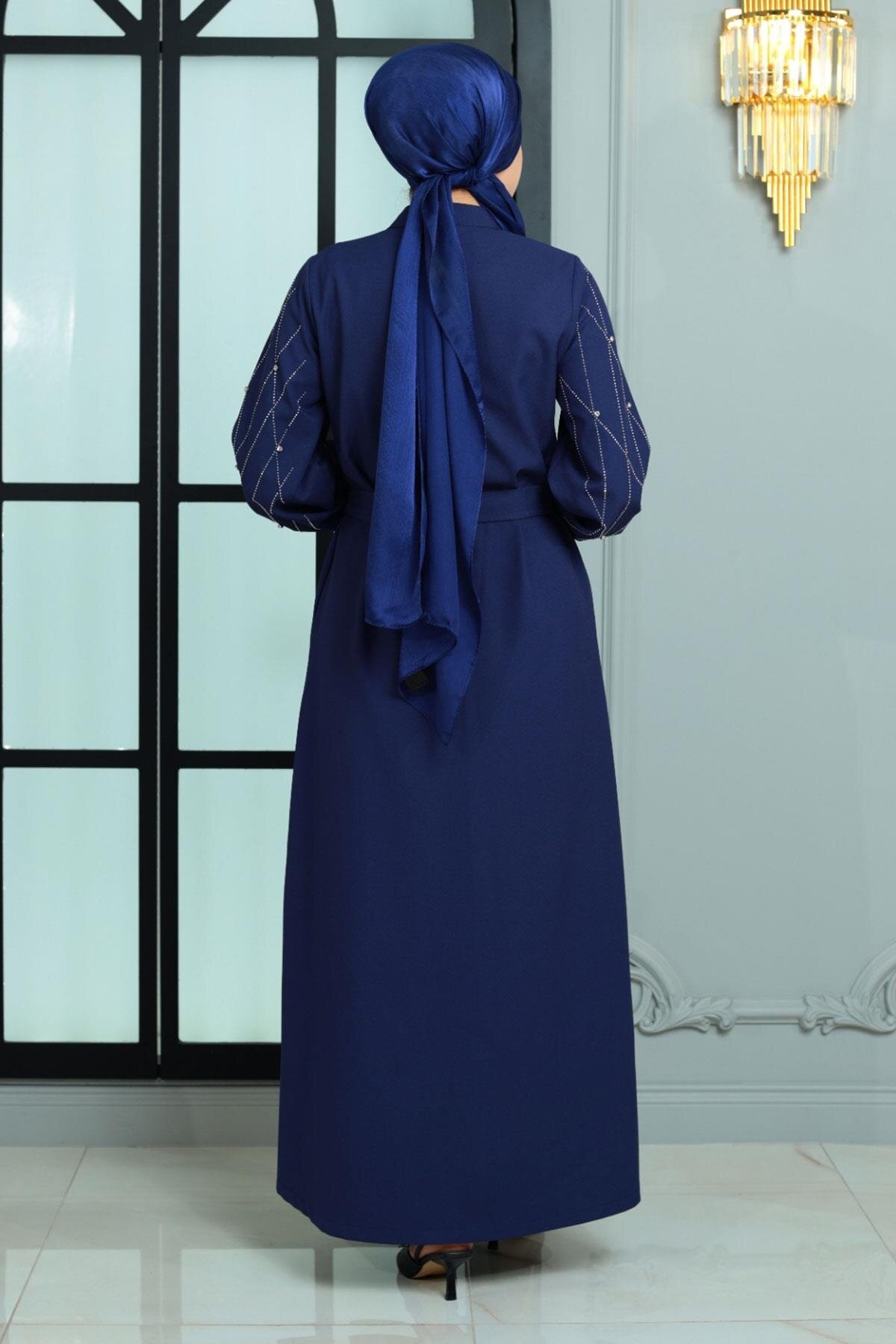 Stone-Detailed Abaya - Indigo - Modamihram