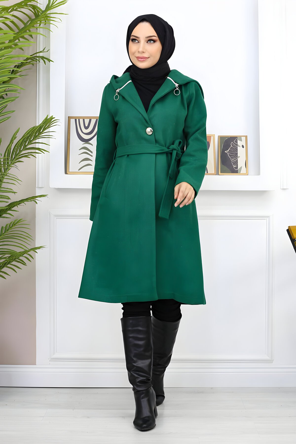 Zümrüt Kaşe Kapşonlu Kaban - Modamihram