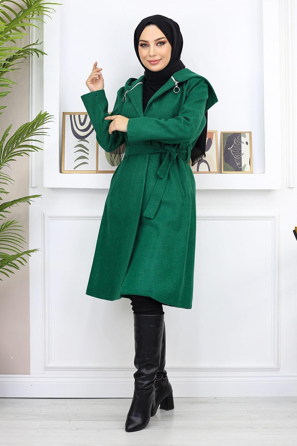 Hooded Felted Winter Coat - Emerald - Modamihram