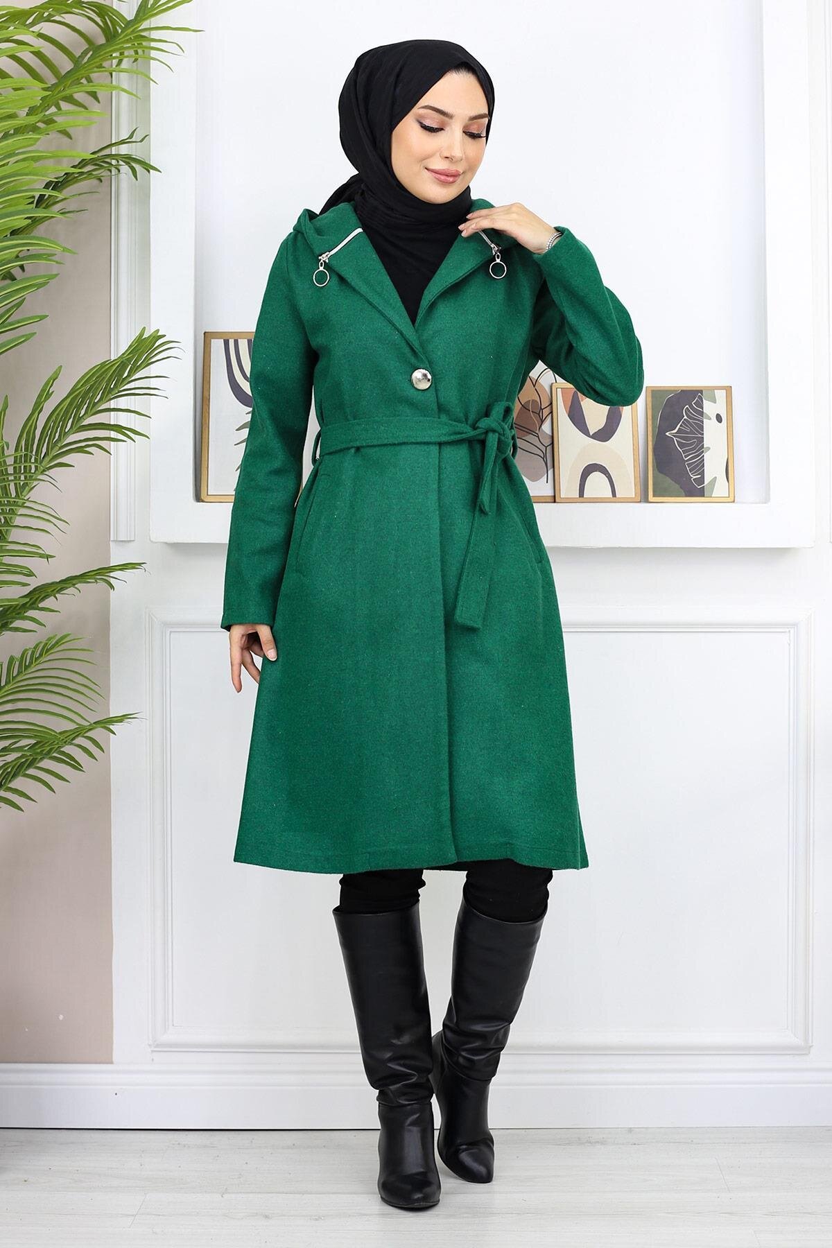 Hooded Felted Winter Coat - Emerald - Modamihram