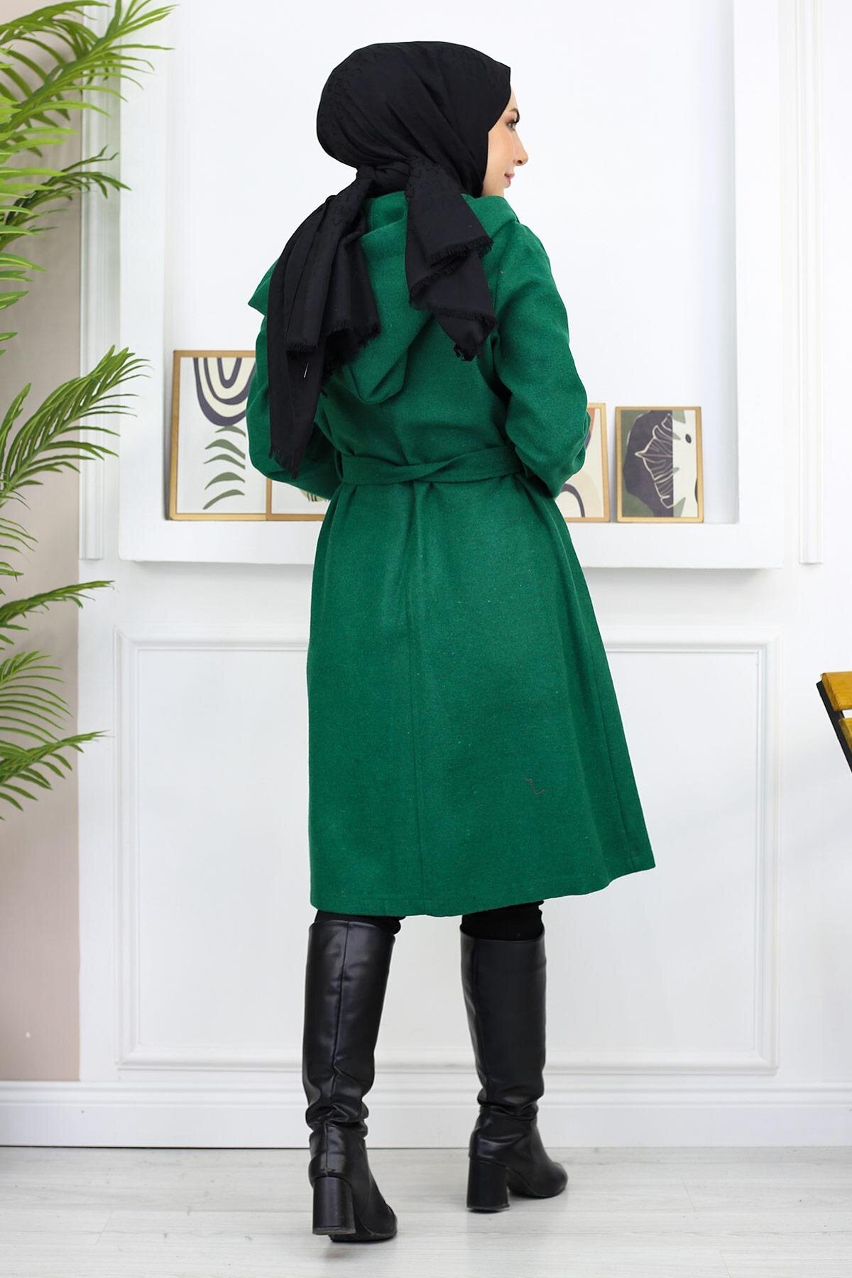 Hooded Felted Winter Coat - Emerald - Modamihram