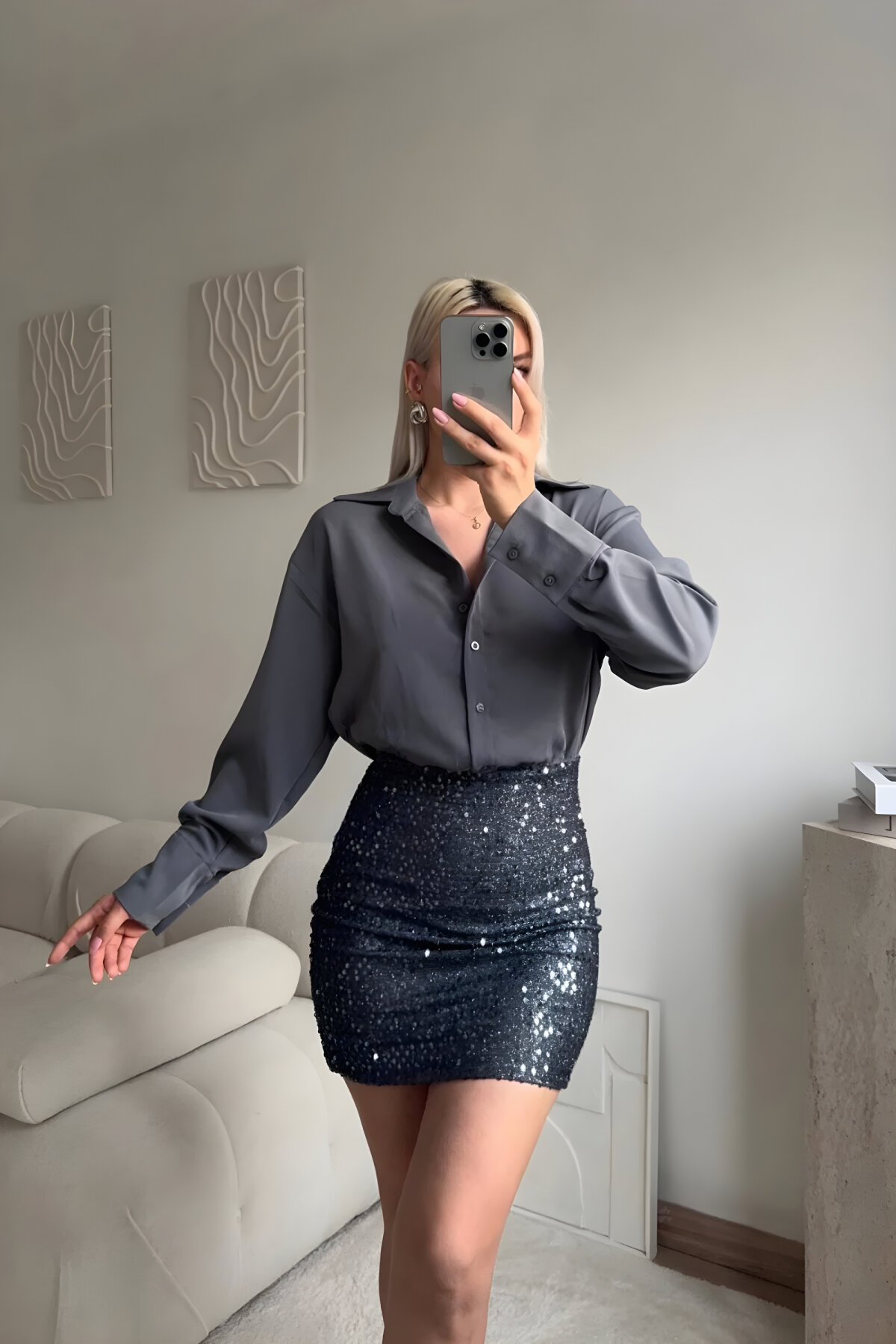 Mini Sequin Shirt Dress - Gray - MOZENA