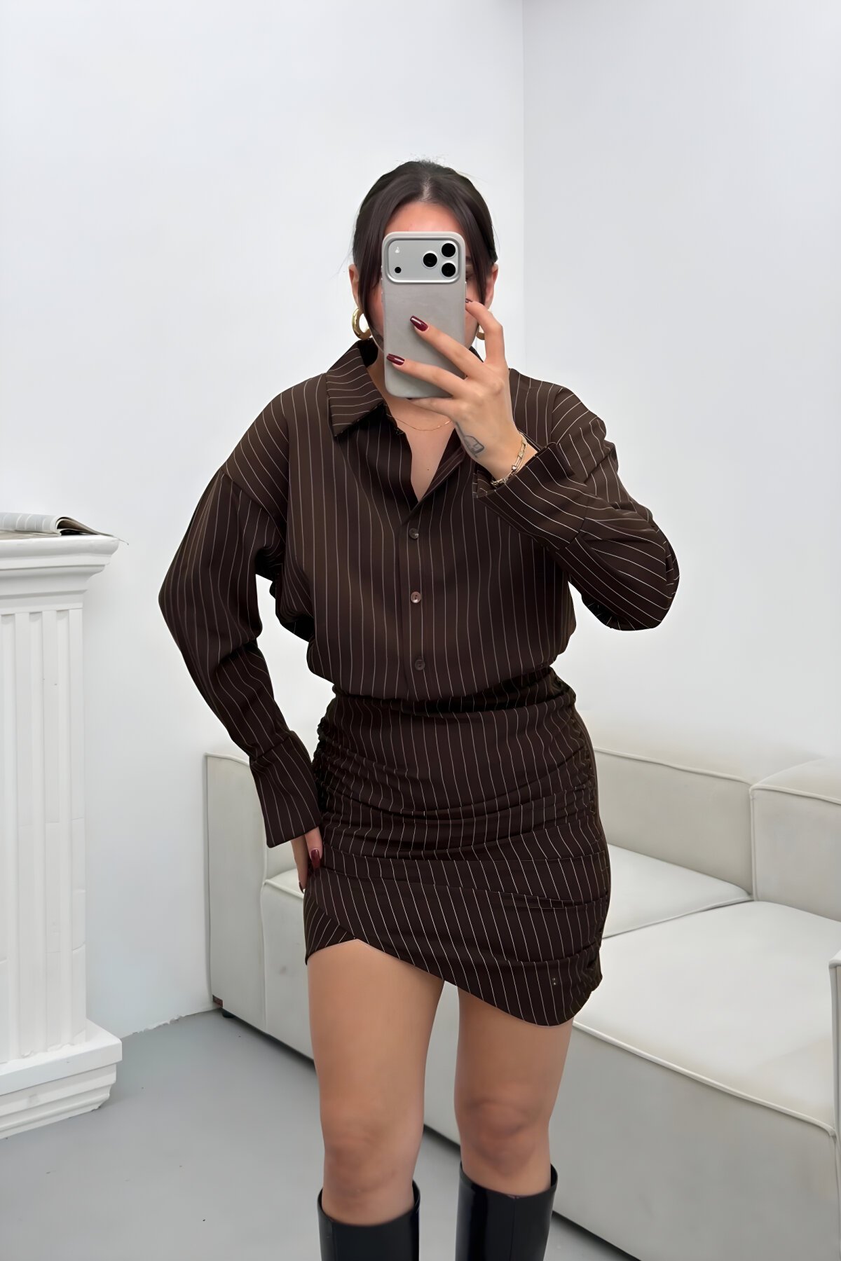 Mini Striped Shirt Dress - Brown - MOZENA