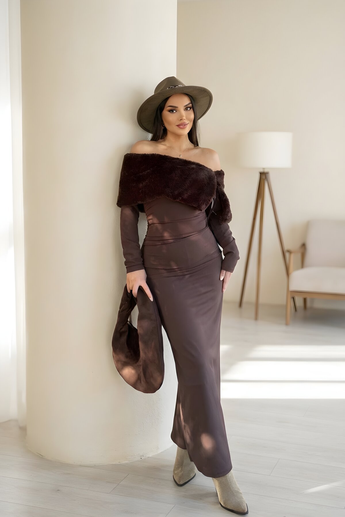 Long Strapless Slit Faux-Fur Dress - Brown - MOZENA