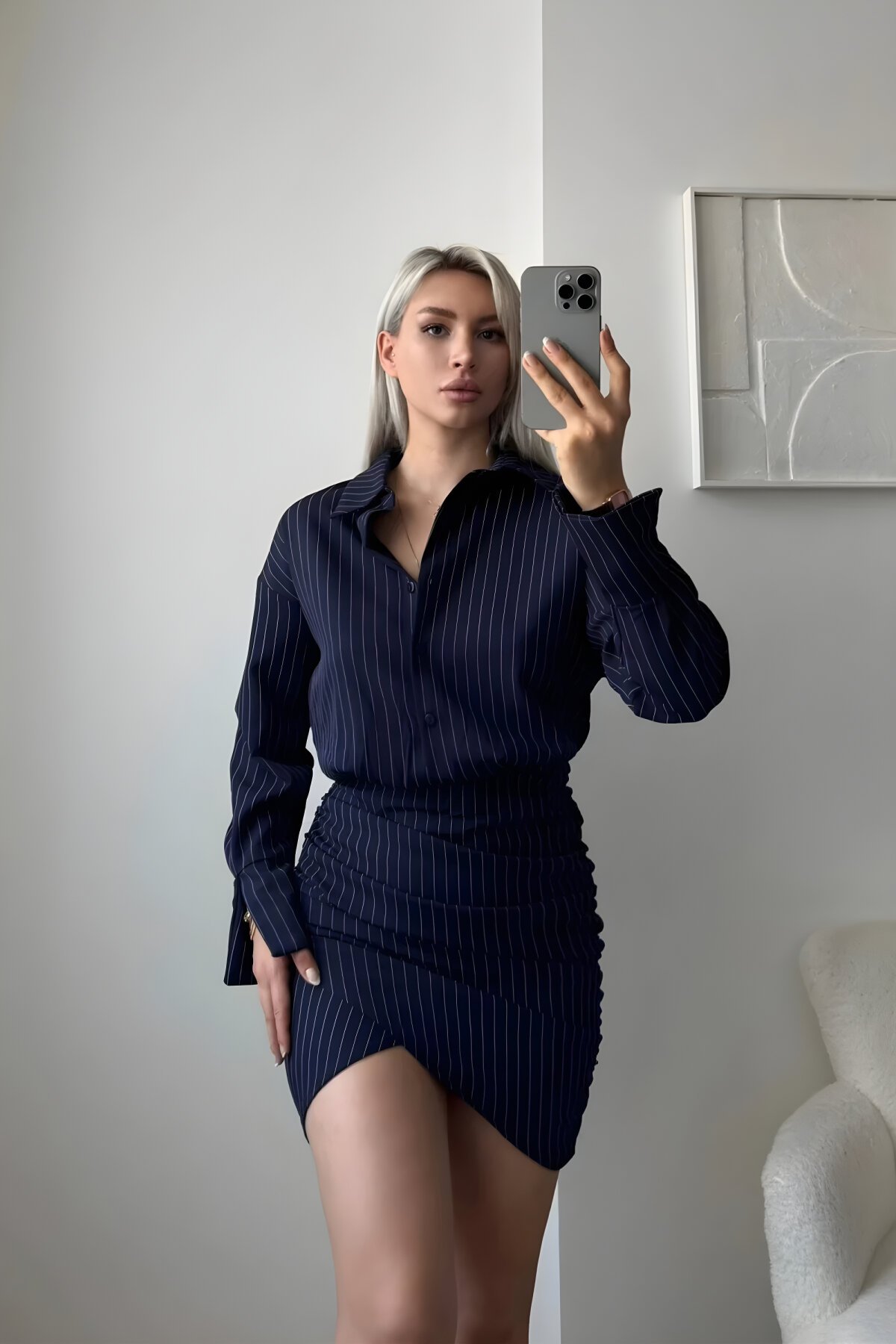 Mini Striped Shirt Dress - Navy Blue - MOZENA