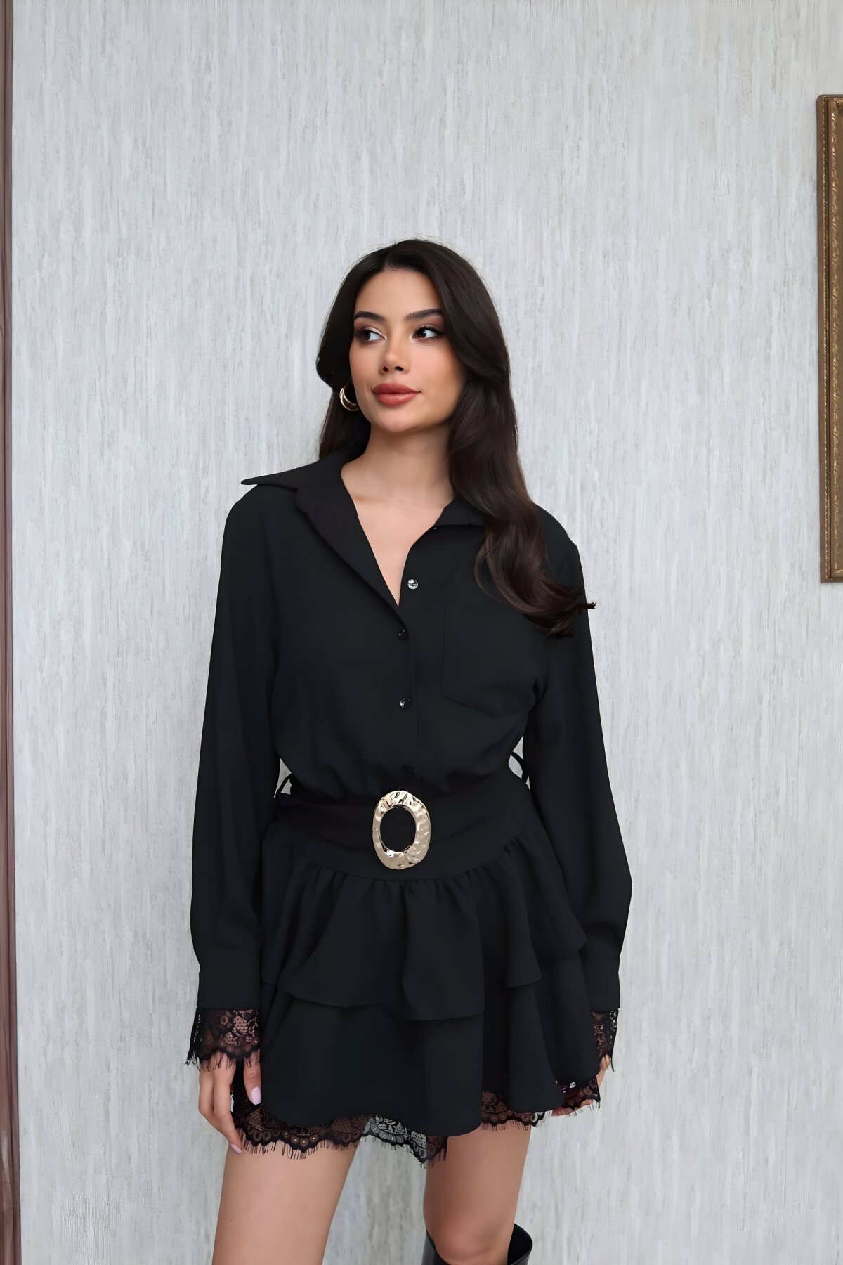 Siyah Mini Gömlek Yaka Dantel Detay Elbise - MOZENA