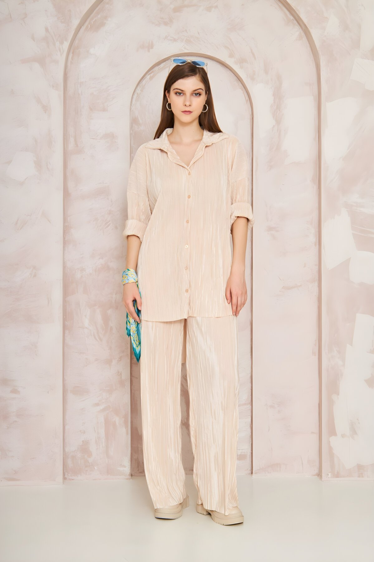 Bej Bürümcük Salaş Bol Paça Likralı İkili Takım - Pasaklı Giyim