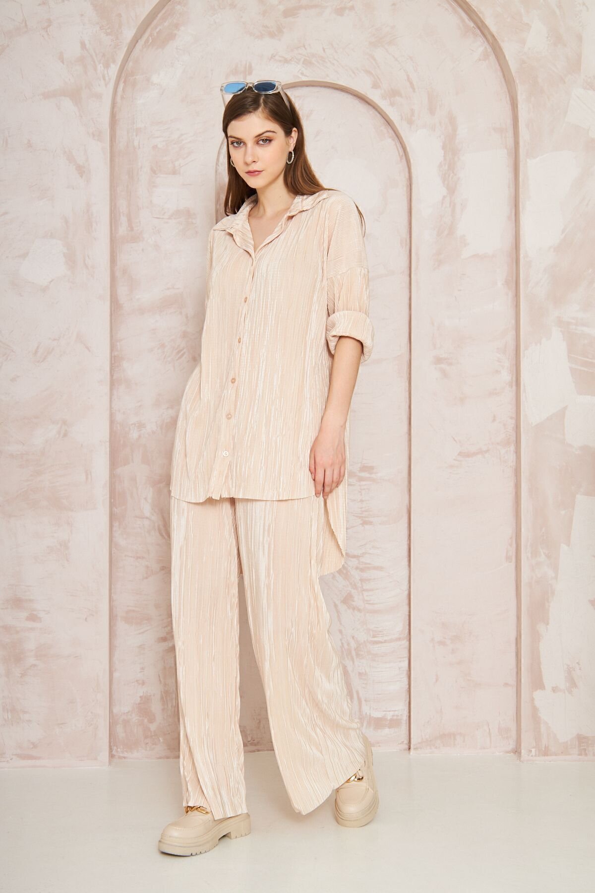 Loose Fit Wide Leg Crinkled Two-Piece Set - Beige - Pasaklı Giyim