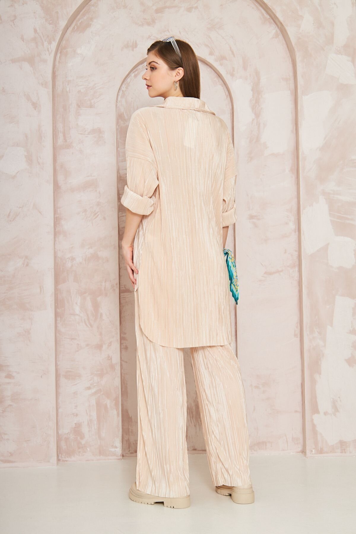 Loose Fit Wide Leg Crinkled Two-Piece Set - Beige - Pasaklı Giyim