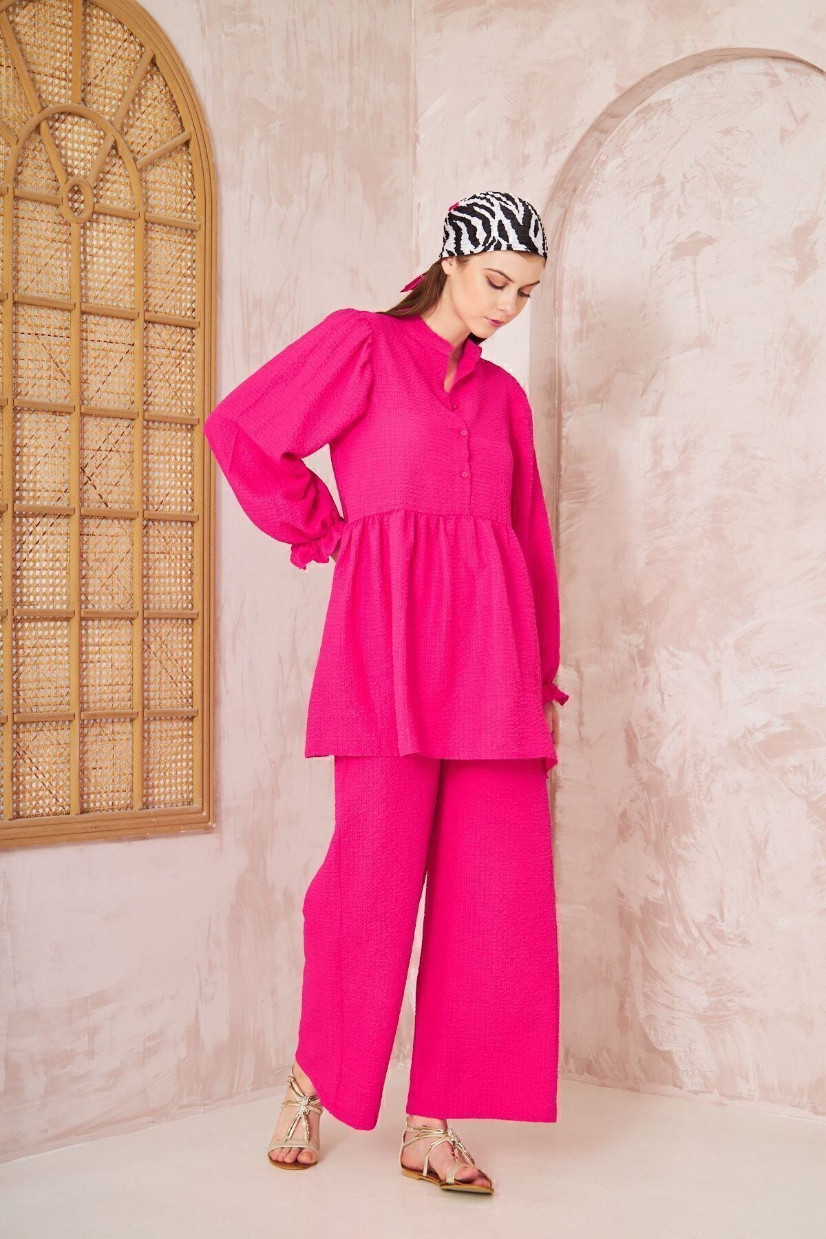Textured Ruched Balloon-Sleeve Two-Piece Modest Set - Fuchsia - Pasaklı Giyim