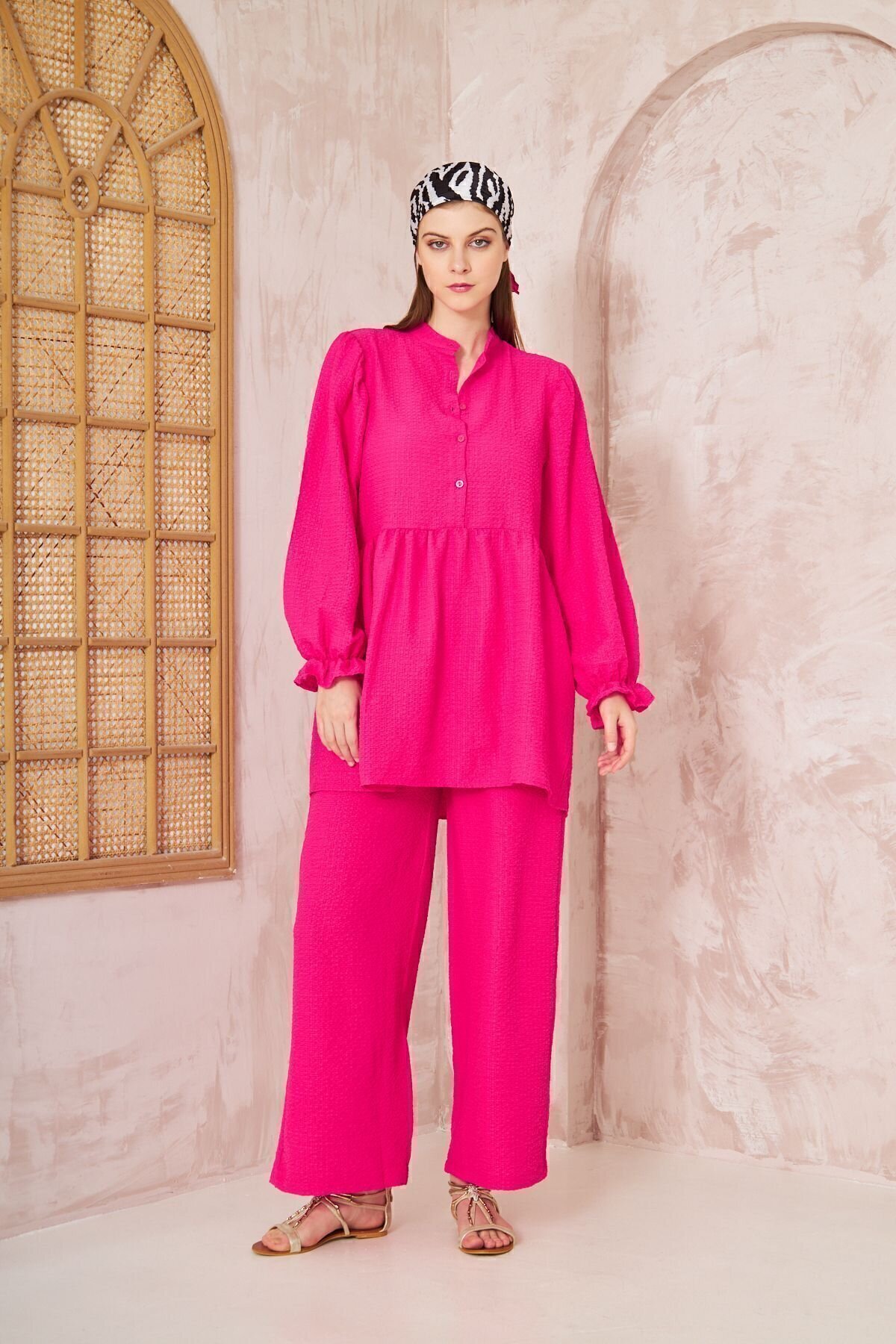 Textured Ruched Balloon-Sleeve Two-Piece Modest Set - Fuchsia - Pasaklı Giyim
