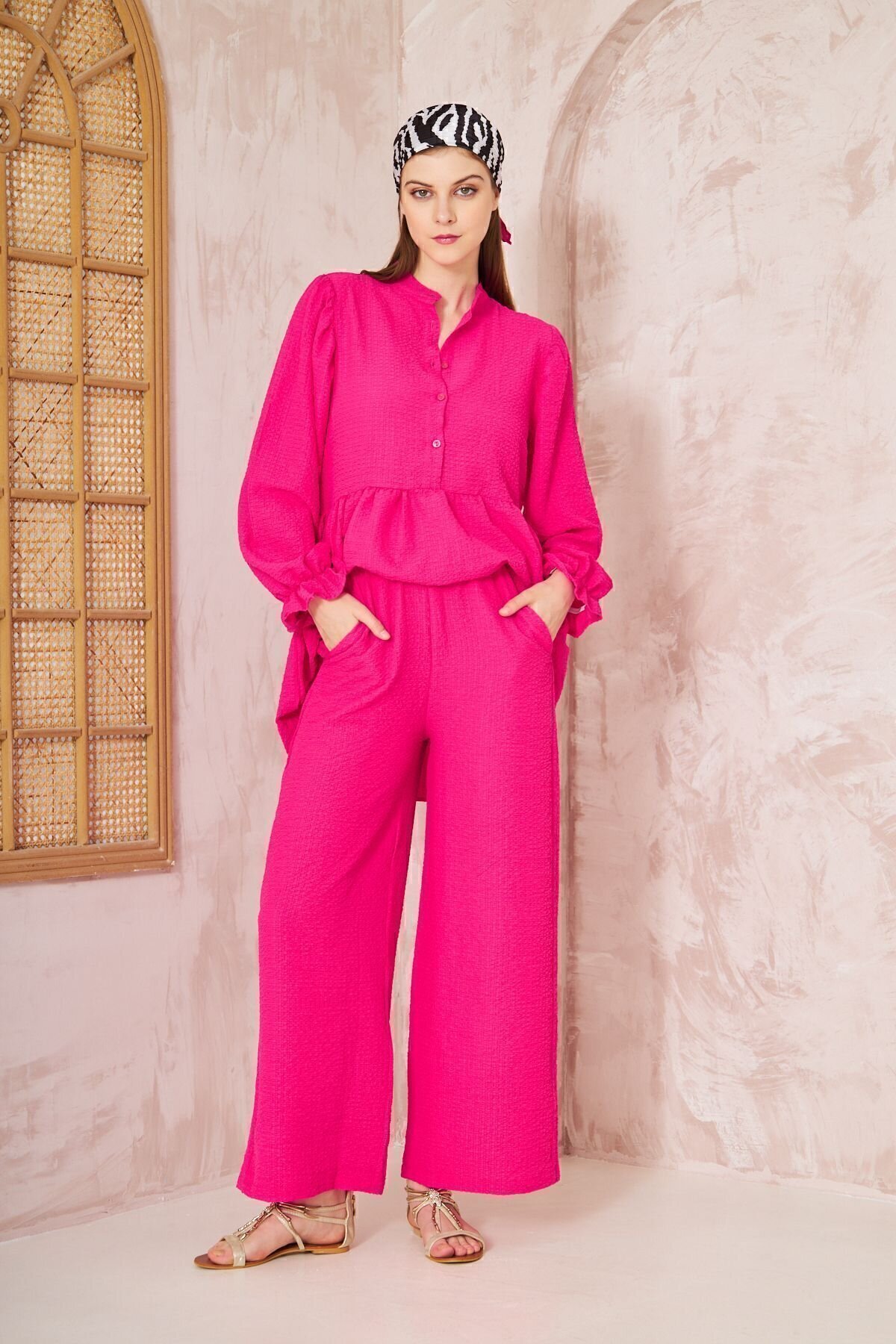Textured Ruched Balloon-Sleeve Two-Piece Modest Set - Fuchsia - Pasaklı Giyim