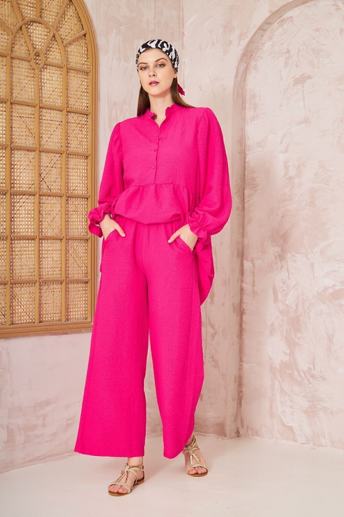 Textured Ruched Balloon-Sleeve Two-Piece Modest Set - Fuchsia - Pasaklı Giyim