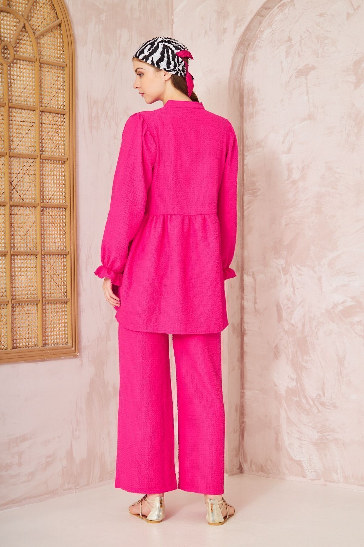 Textured Ruched Balloon-Sleeve Two-Piece Modest Set - Fuchsia - Pasaklı Giyim