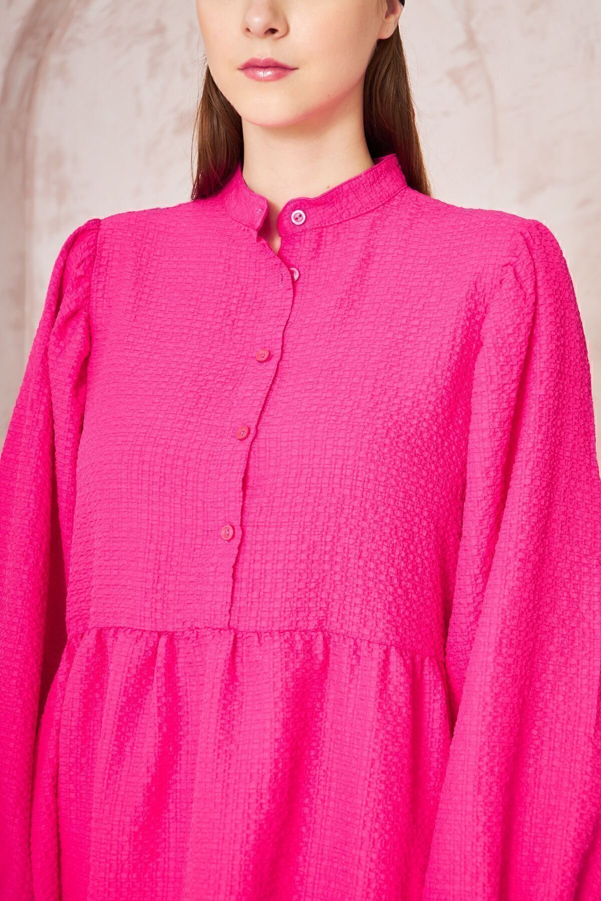 Textured Ruched Balloon-Sleeve Two-Piece Modest Set - Fuchsia - Pasaklı Giyim