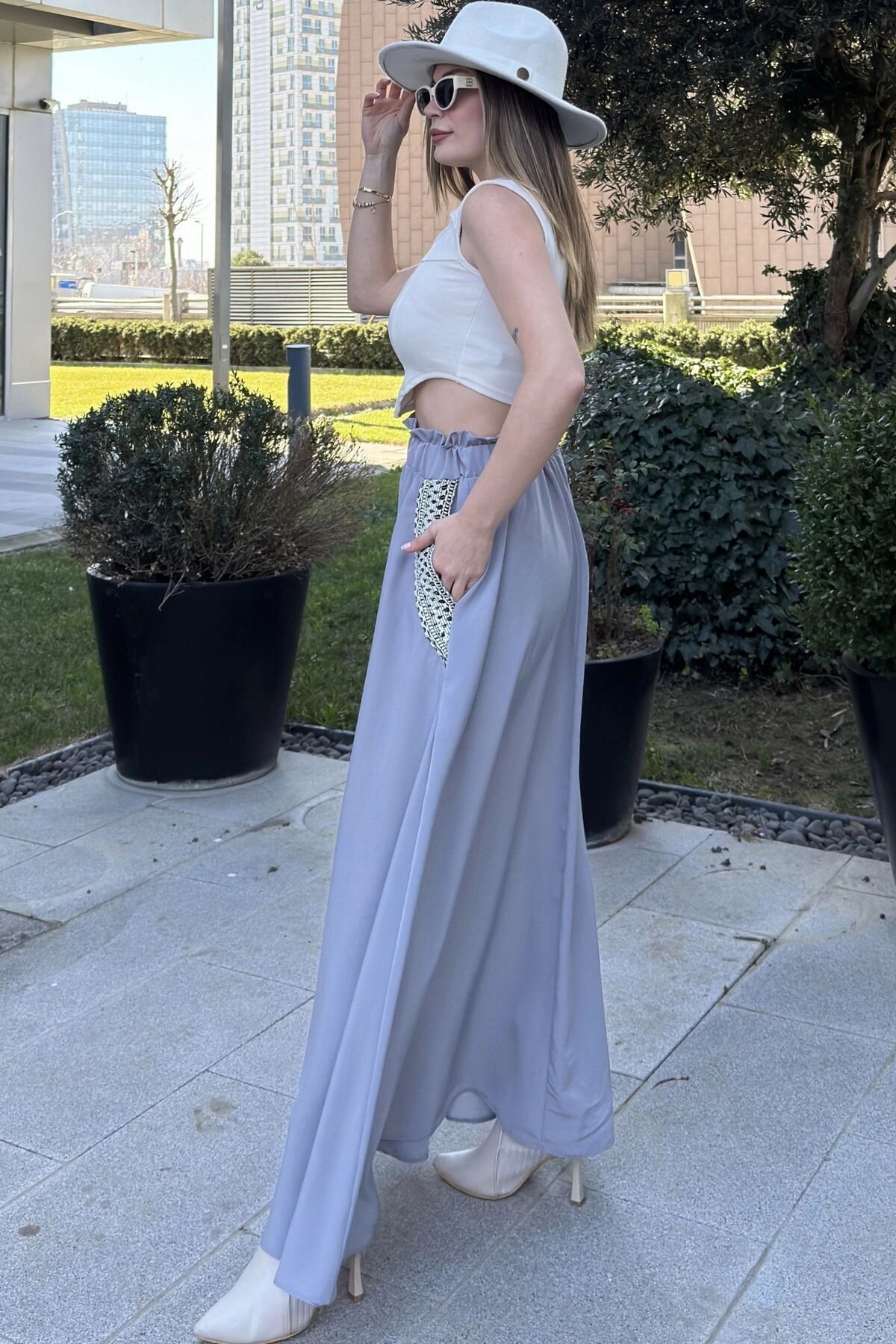 Long Flared Wicker-Detail Skirt - Grey - Pasaklı Giyim