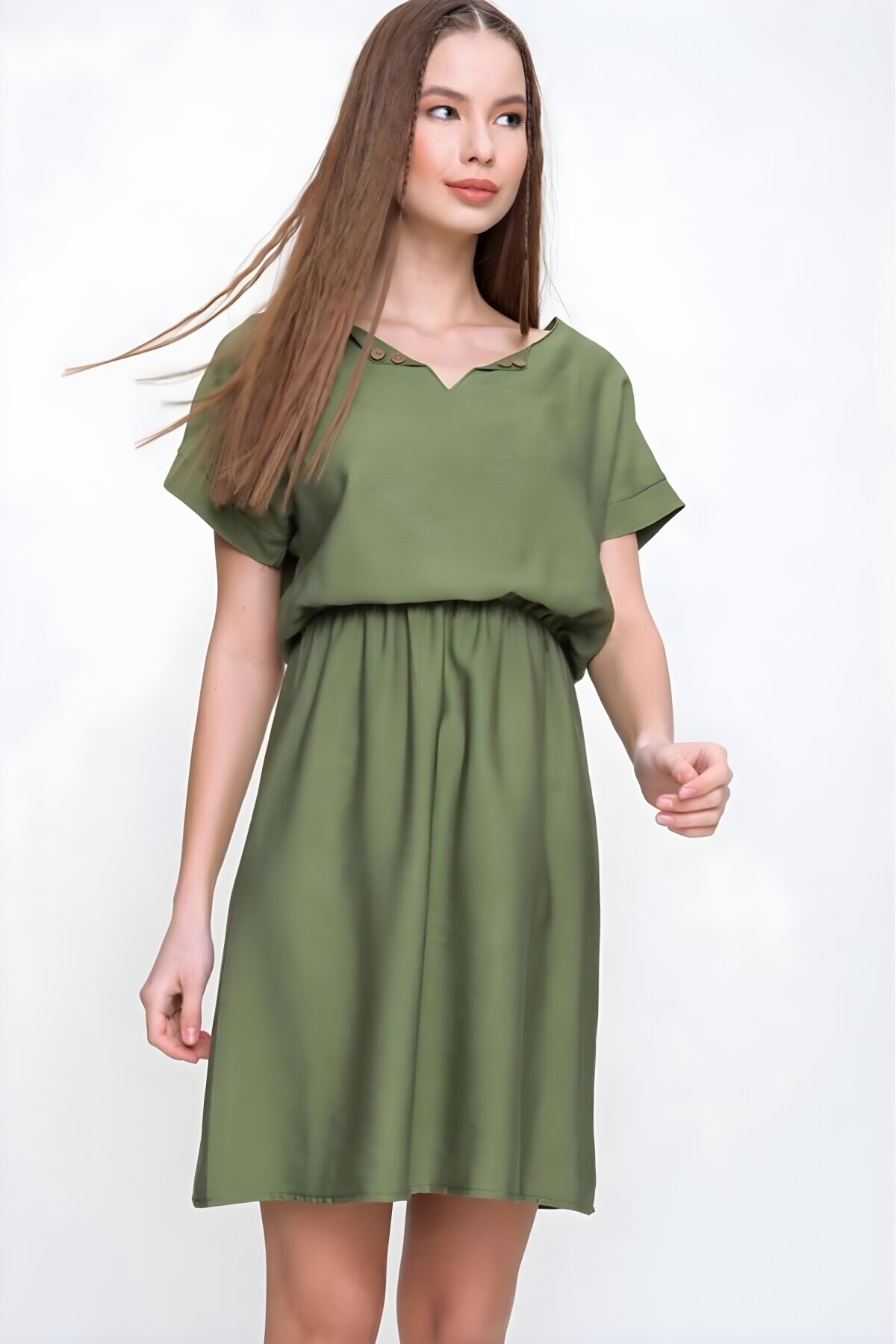 Haki Keten Beli Büzgülü Mini Elbise - Pasaklı Giyim
