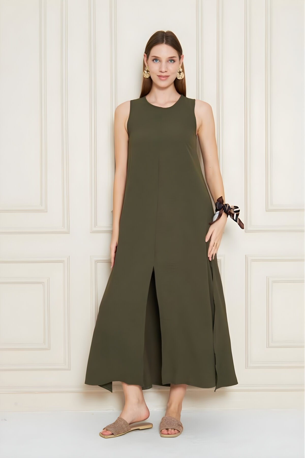 Haki Uzun A Kesim Sıfır Kol Aerobin Elbise - Pasaklı Giyim