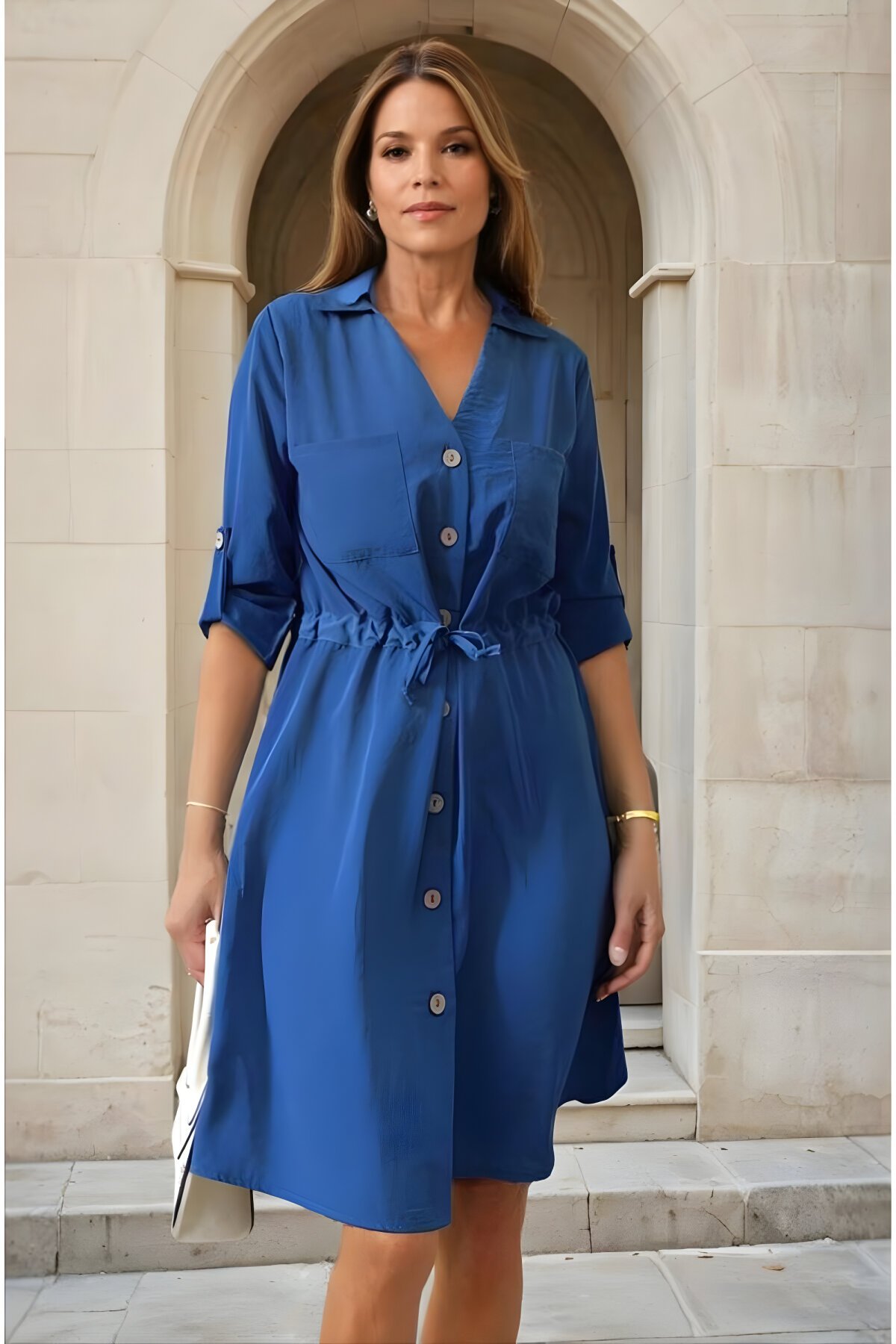 İndigo A Kesim Salaş Midi Beli Bağcıklı Elbise - Pasaklı Giyim