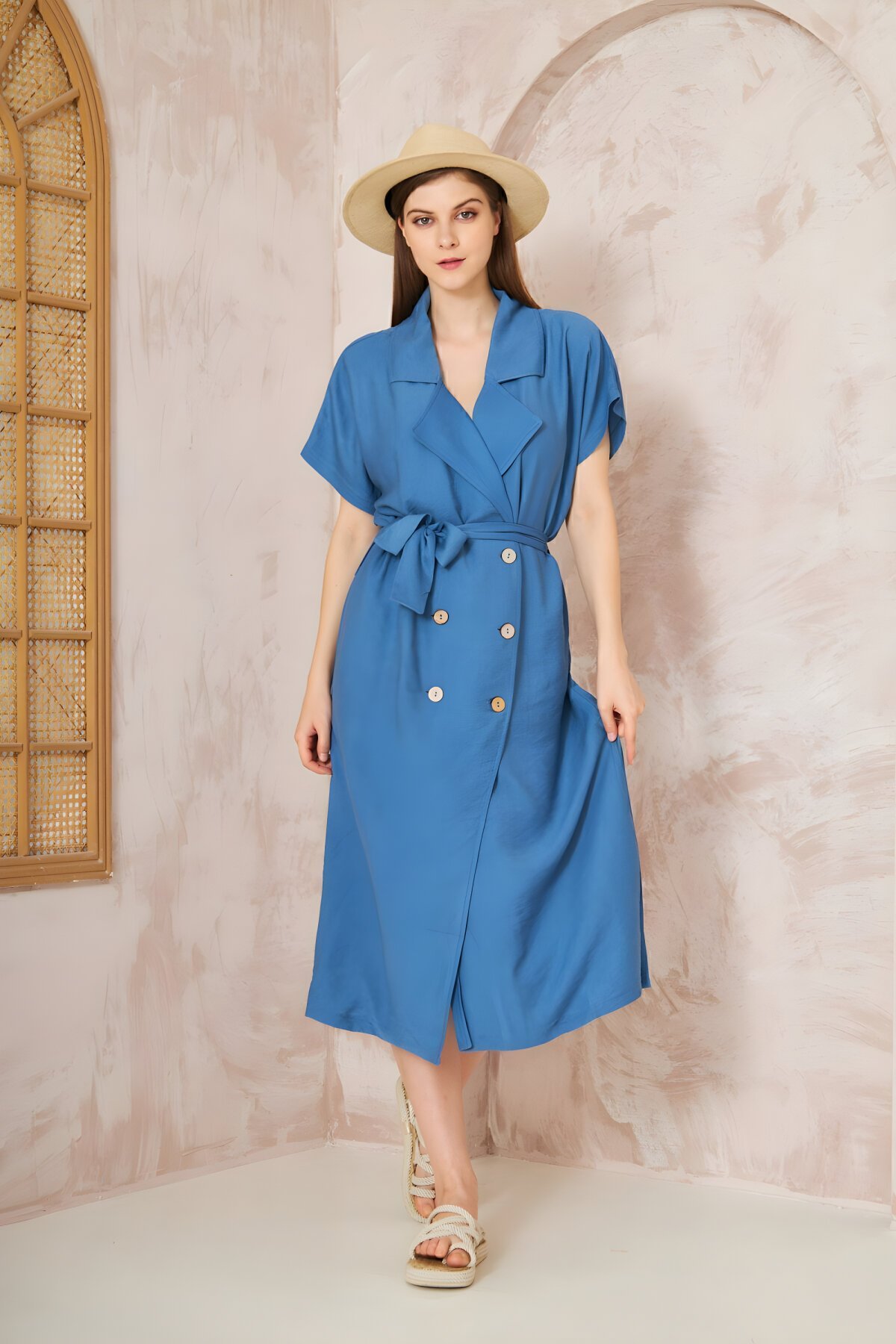 İndigo Keten Oversize Geniş Kesim Kısa Kollu Midi Elbise - Pasaklı Giyim