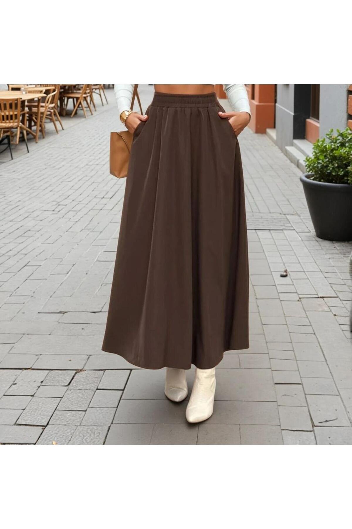 Long High-Waist A-Line Elastic-Waist Skirt - Brown - Pasaklı Giyim