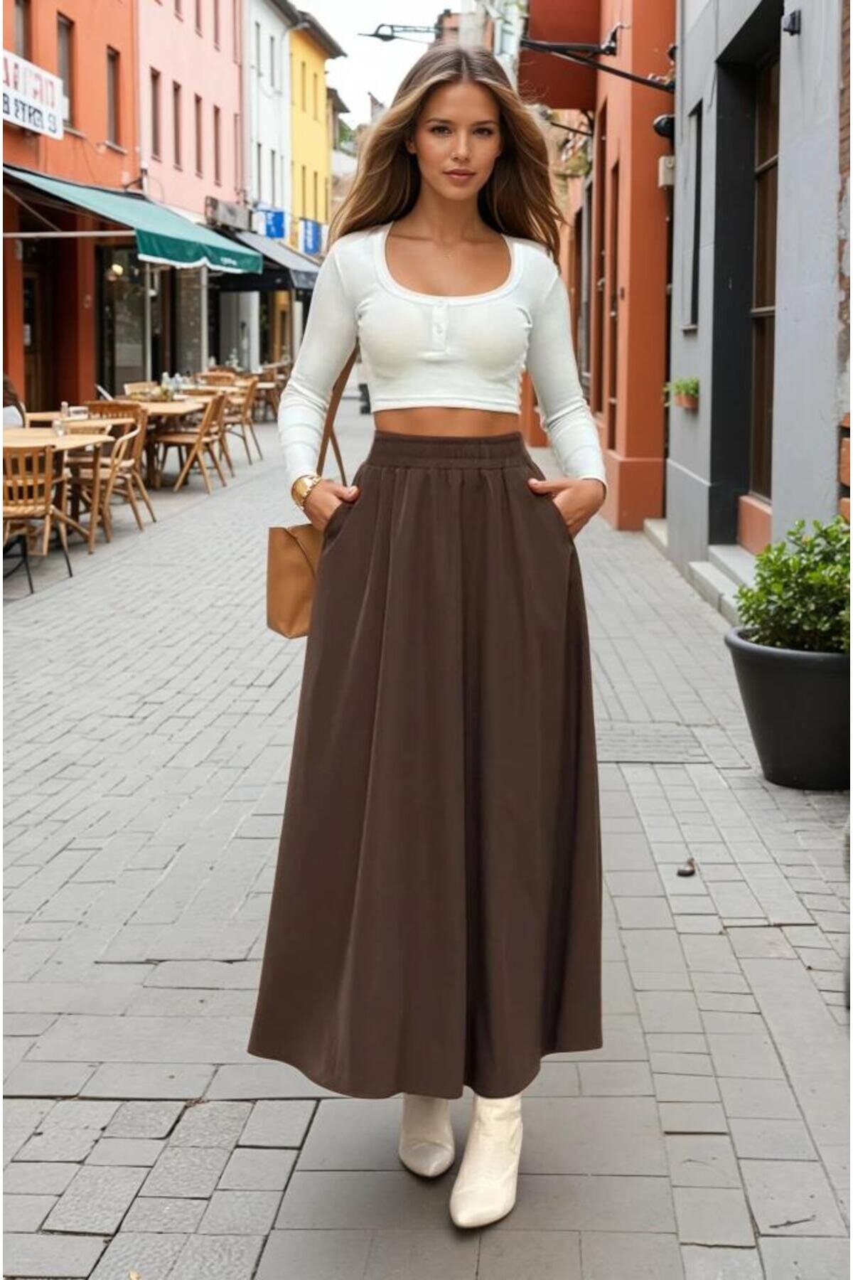 Long High-Waist A-Line Elastic-Waist Skirt - Brown - Pasaklı Giyim