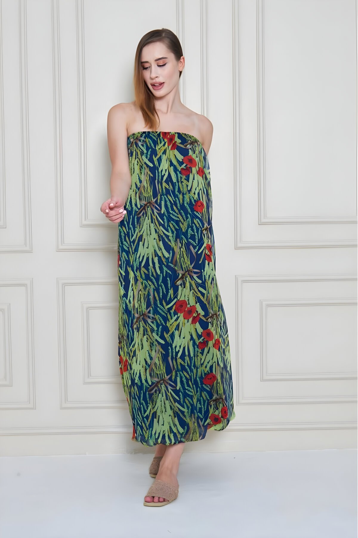 Kırmızı Uzun Straplez Şifon Astarlı Elbise - Pasaklı Giyim