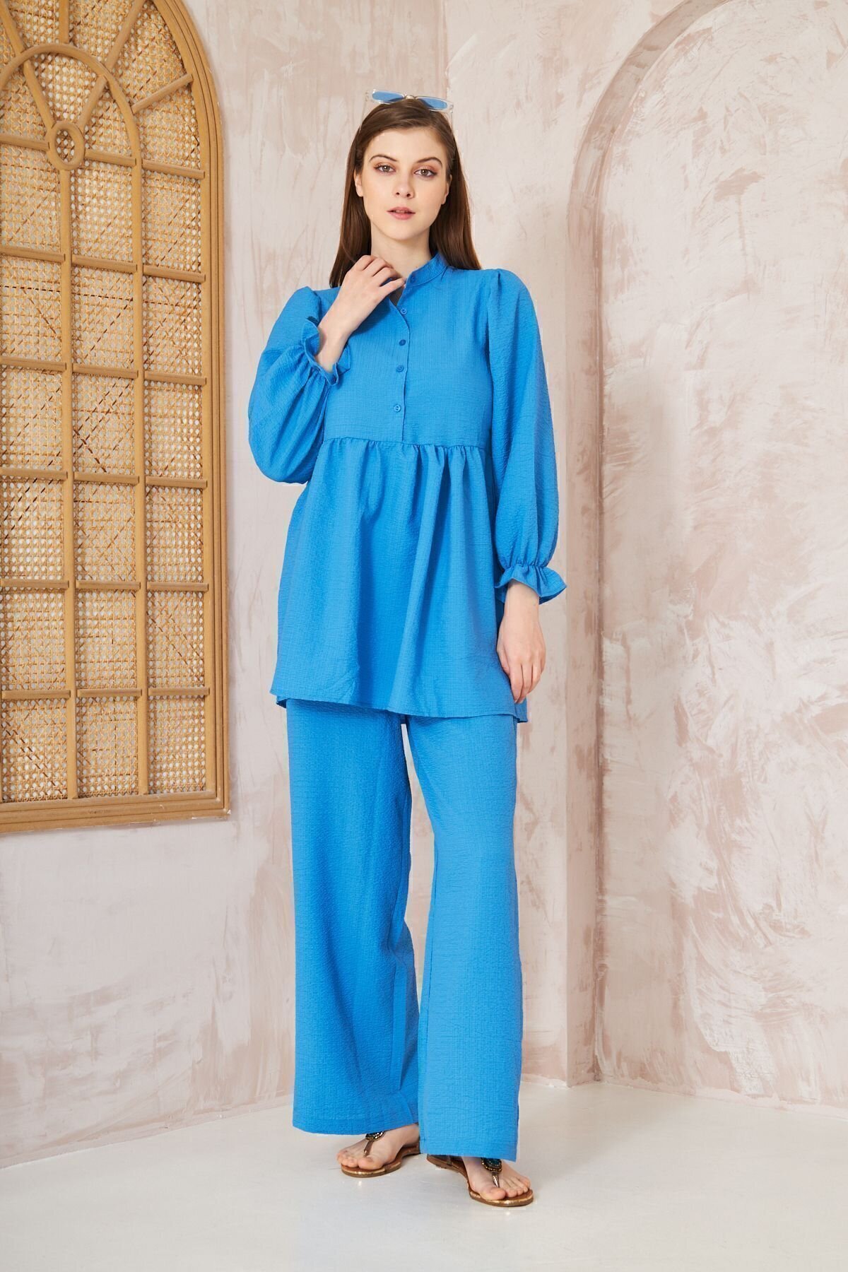 Two-Piece Crinkle Gathered Balloon-Sleeve Tunic Set - Blue - Pasaklı Giyim