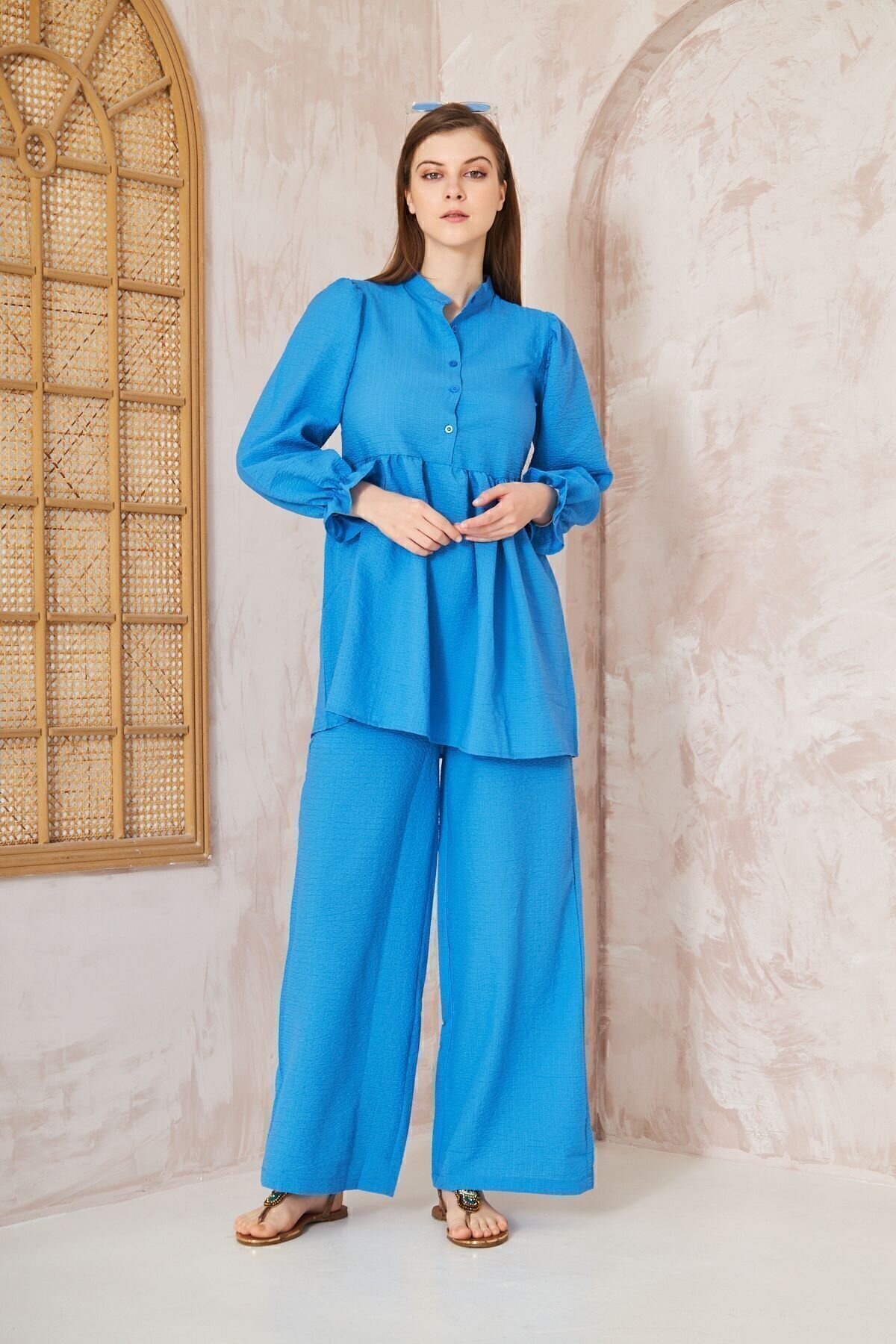 Two-Piece Crinkle Gathered Balloon-Sleeve Tunic Set - Blue - Pasaklı Giyim