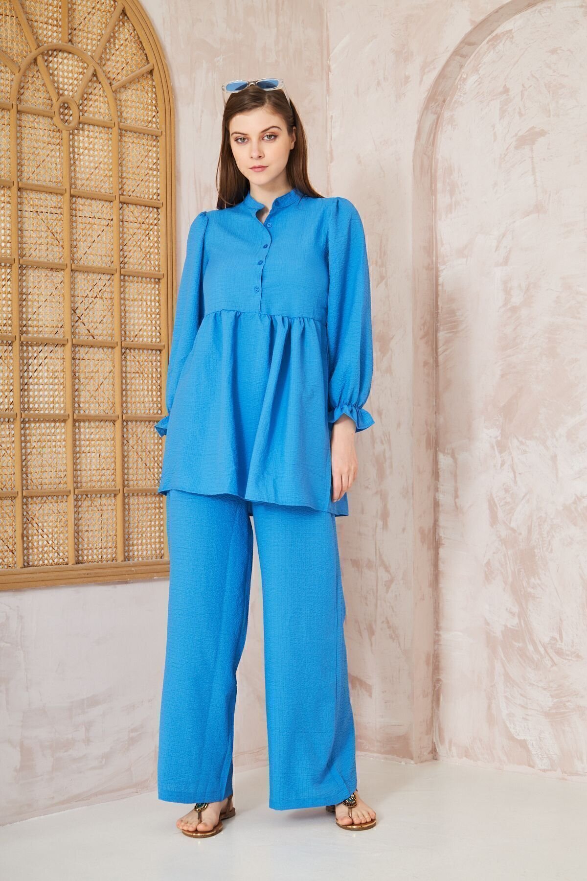 Two-Piece Crinkle Gathered Balloon-Sleeve Tunic Set - Blue - Pasaklı Giyim