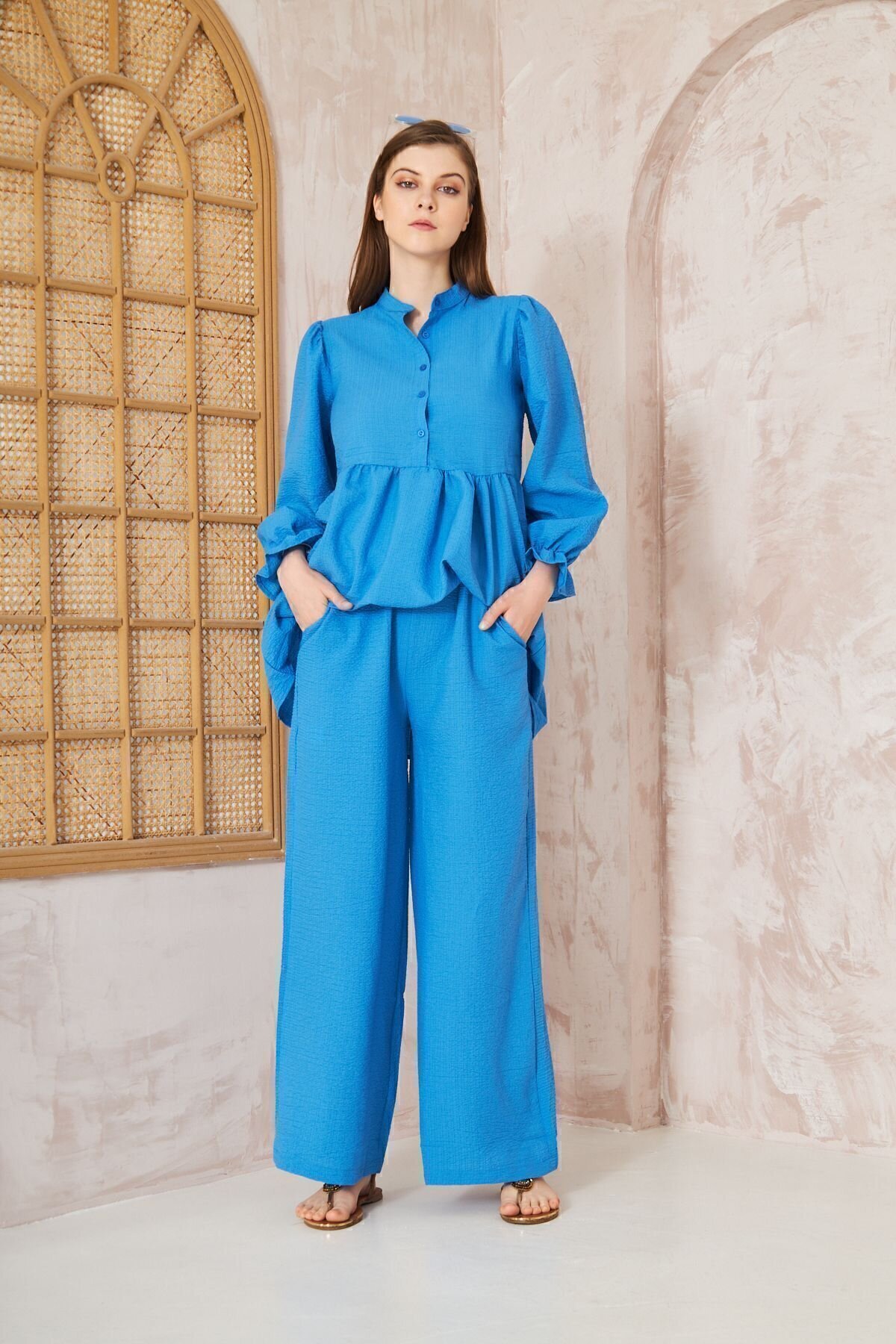 Two-Piece Crinkle Gathered Balloon-Sleeve Tunic Set - Blue - Pasaklı Giyim