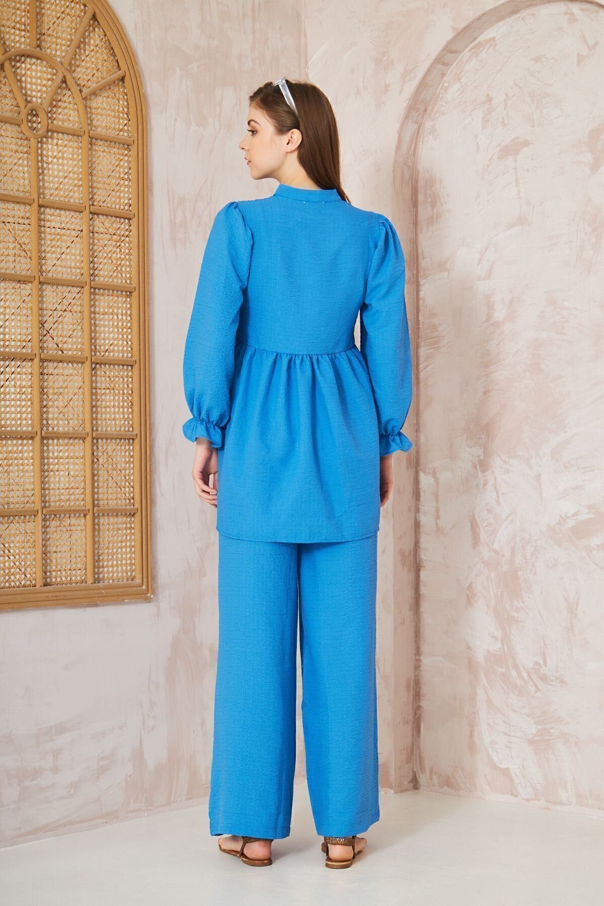 Two-Piece Crinkle Gathered Balloon-Sleeve Tunic Set - Blue - Pasaklı Giyim