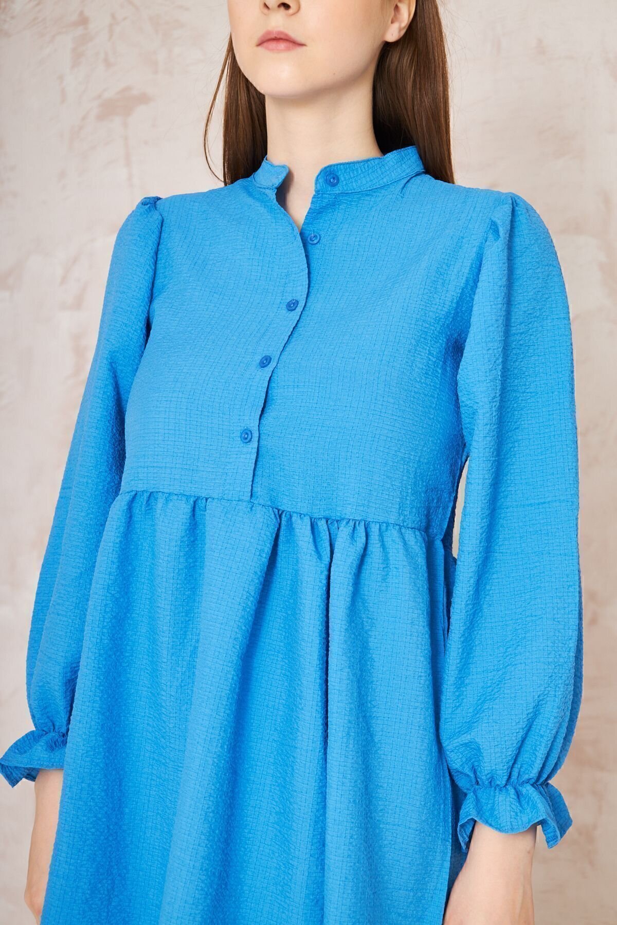 Two-Piece Crinkle Gathered Balloon-Sleeve Tunic Set - Blue - Pasaklı Giyim