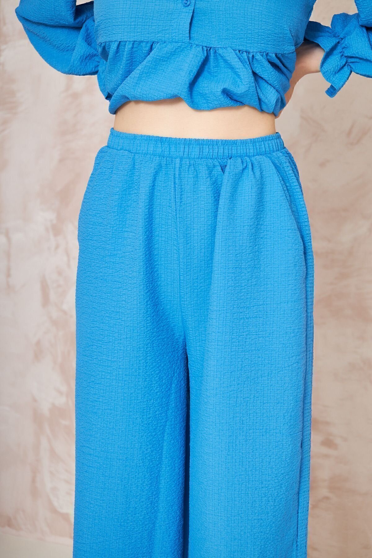 Two-Piece Crinkle Gathered Balloon-Sleeve Tunic Set - Blue - Pasaklı Giyim