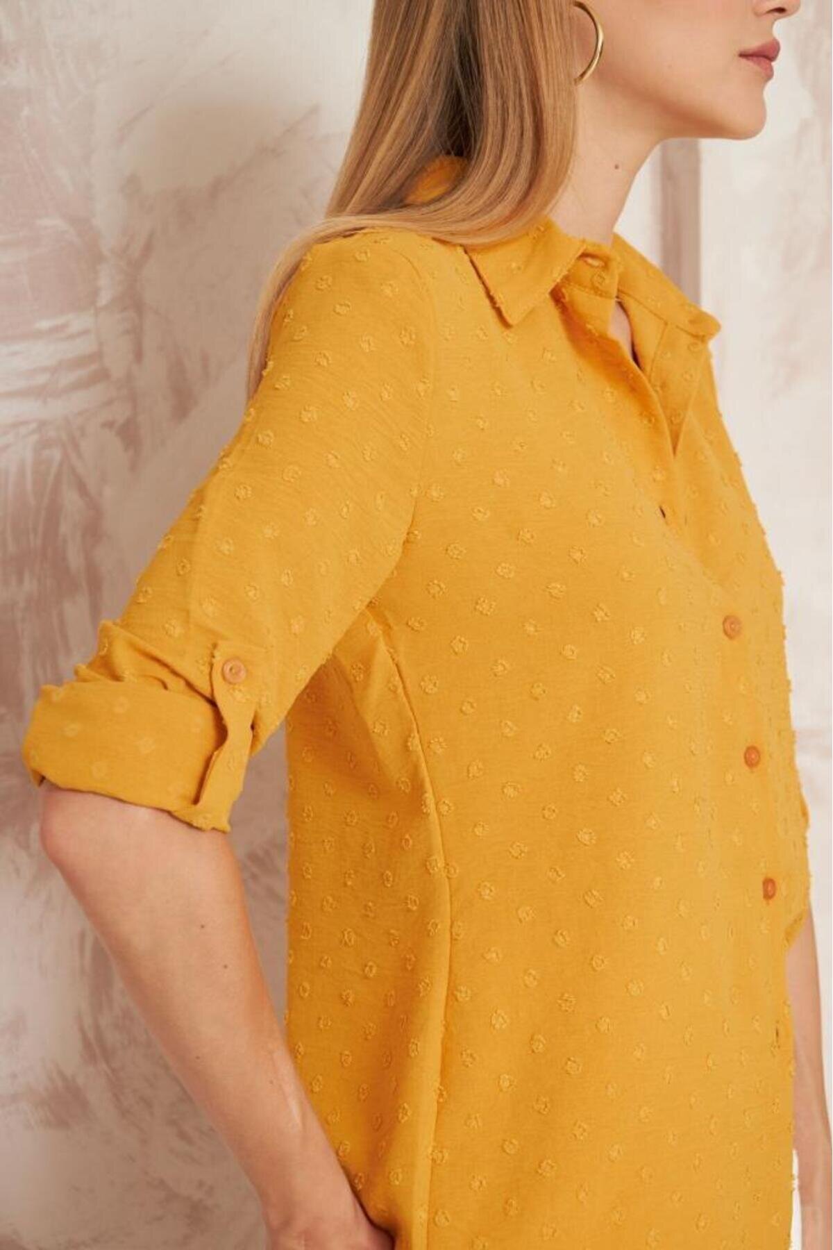 Slim Fit Long Sleeve Pompom Shirt - Blush/Mustard - Pasaklı Giyim