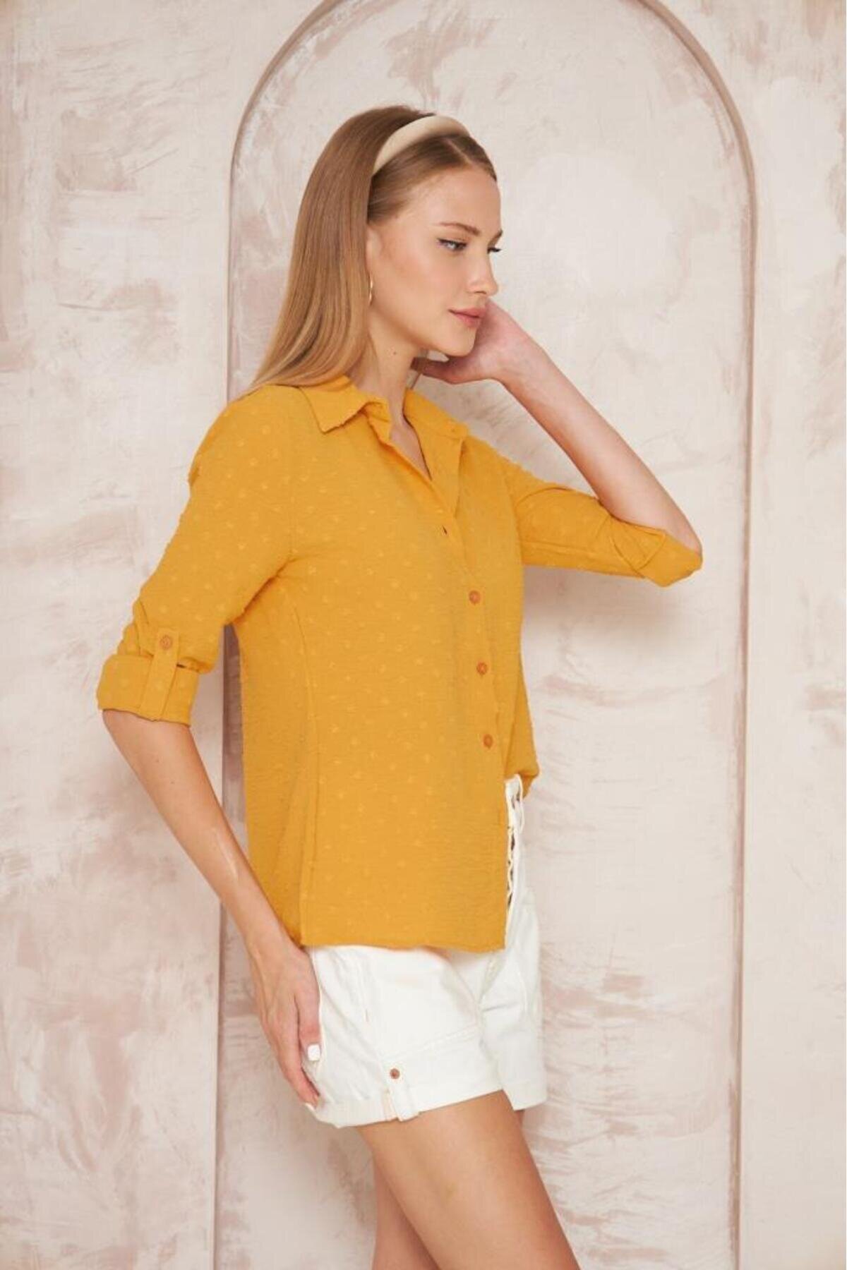 Slim Fit Long Sleeve Pompom Shirt - Blush/Mustard - Pasaklı Giyim