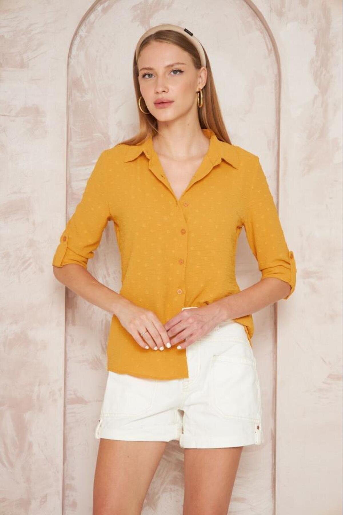 Slim Fit Long Sleeve Pompom Shirt - Blush/Mustard - Pasaklı Giyim