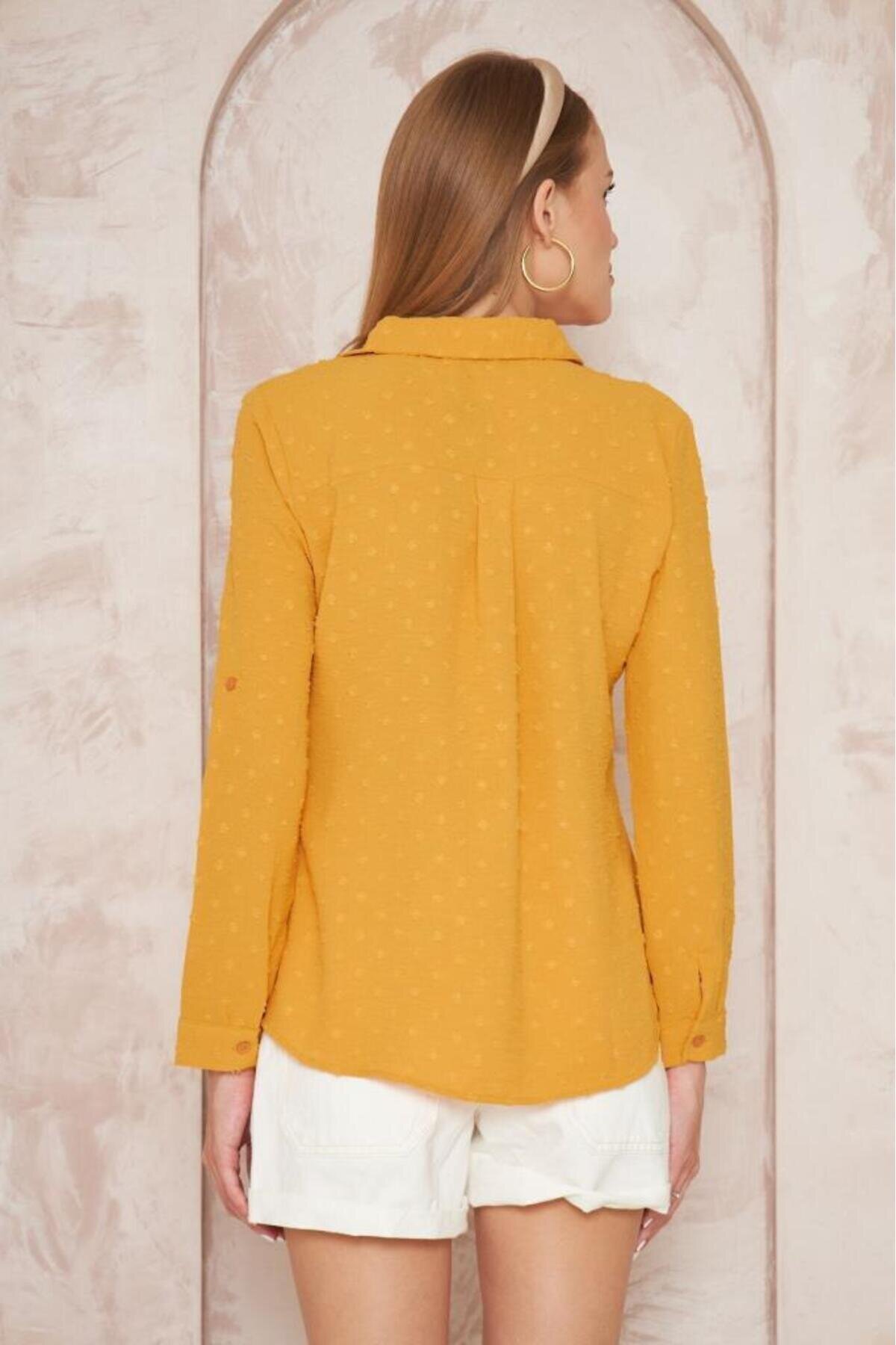 Slim Fit Long Sleeve Pompom Shirt - Blush/Mustard - Pasaklı Giyim